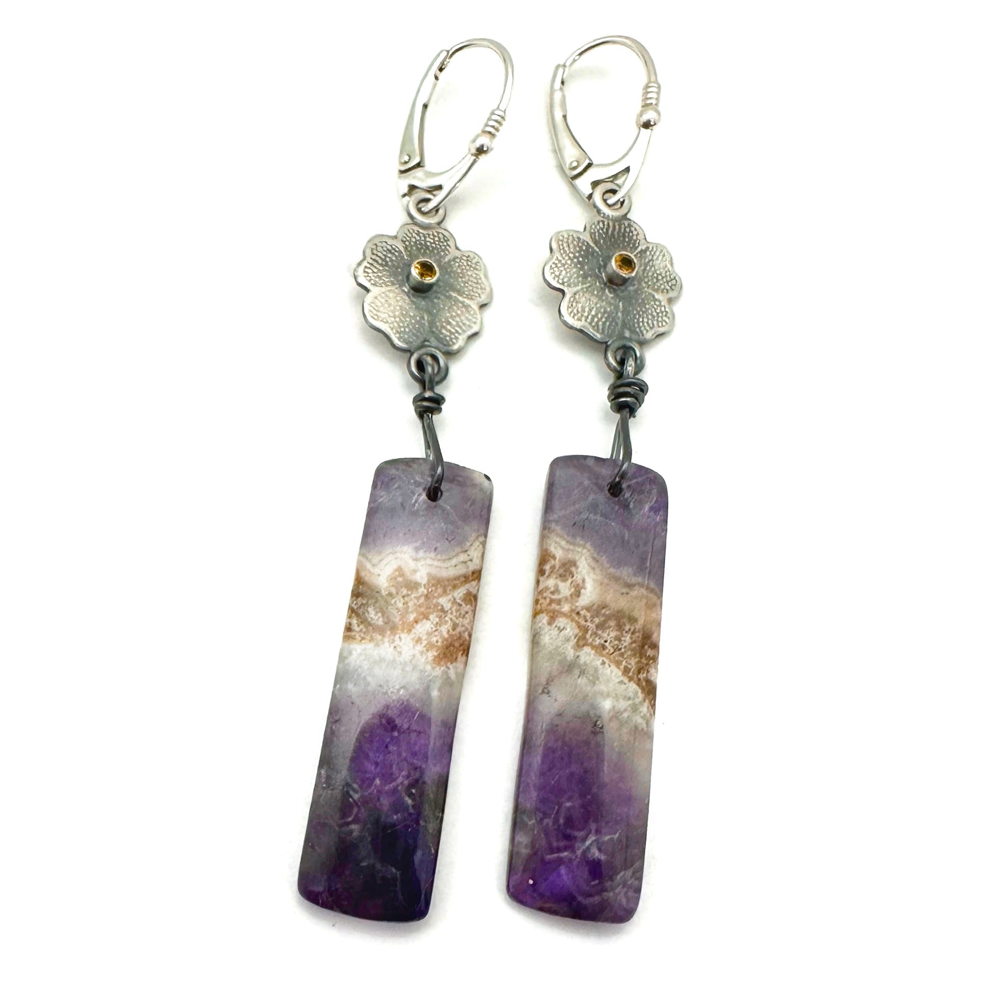 Botanical Earrings Sterling Silver with Chevron Amethyst and Yellow Citrine