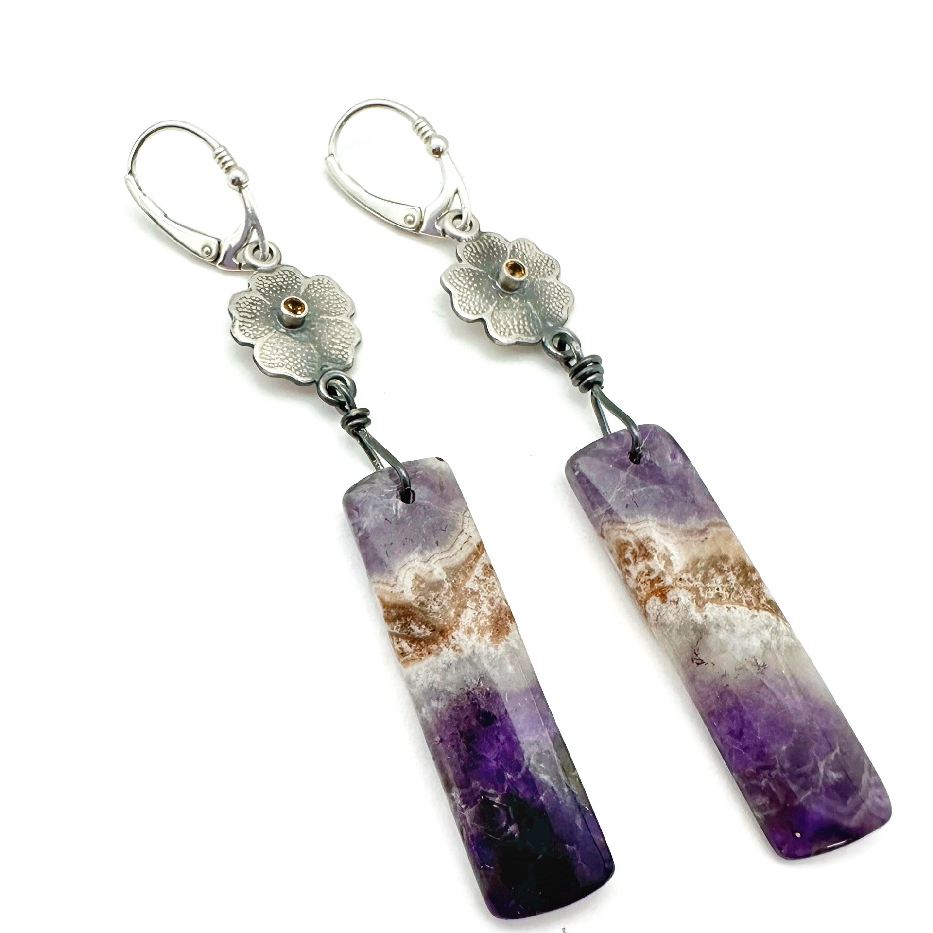 Botanical Earrings Sterling Silver with Chevron Amethyst and Yellow Citrine