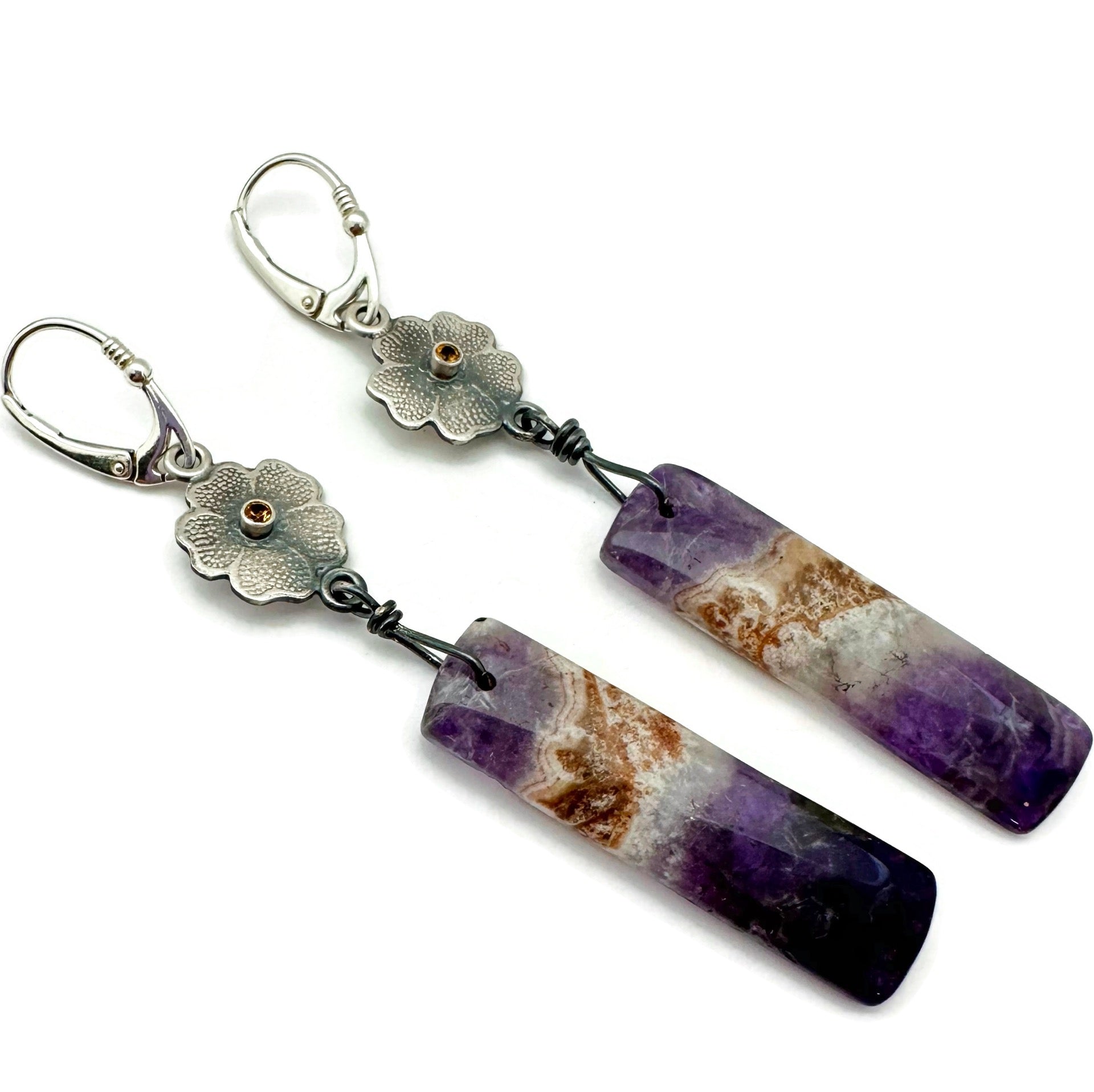 Botanical Earrings Sterling Silver with Chevron Amethyst and Yellow Citrine