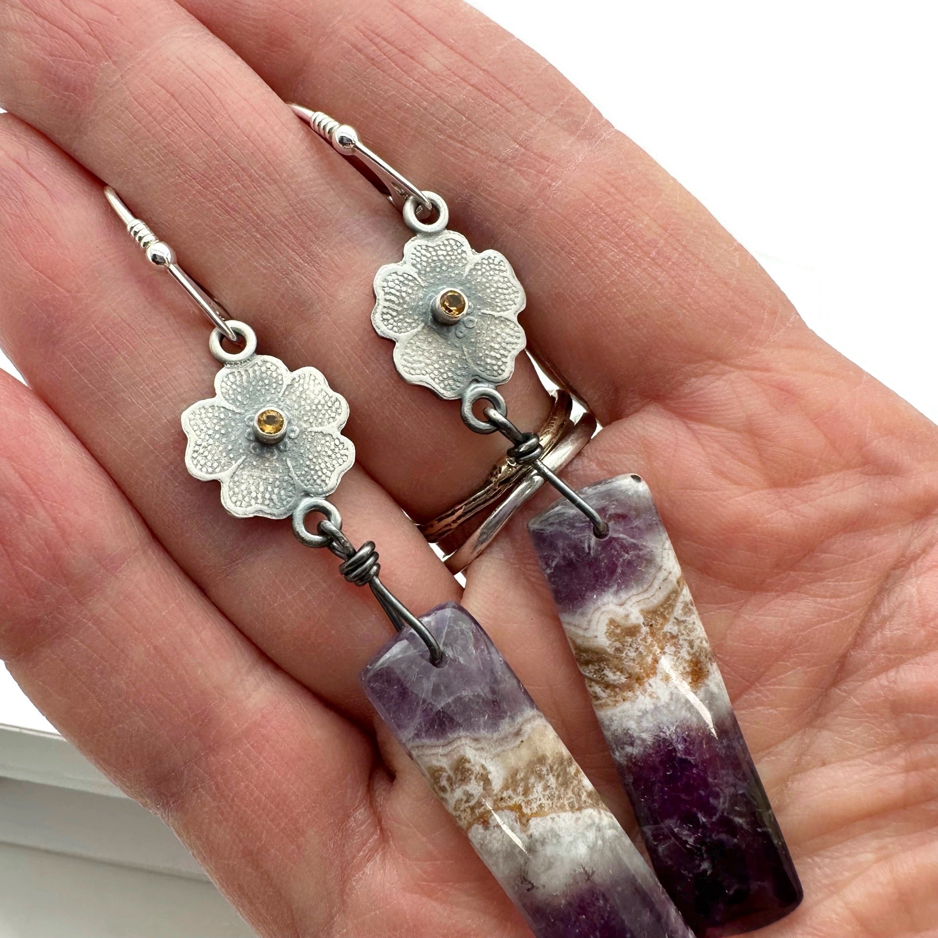 Botanical Earrings Sterling Silver with Chevron Amethyst and Yellow Citrine