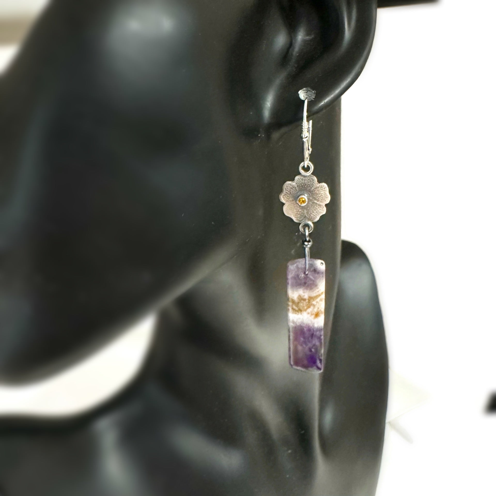 Botanical Earrings Sterling Silver with Chevron Amethyst and Yellow Citrine