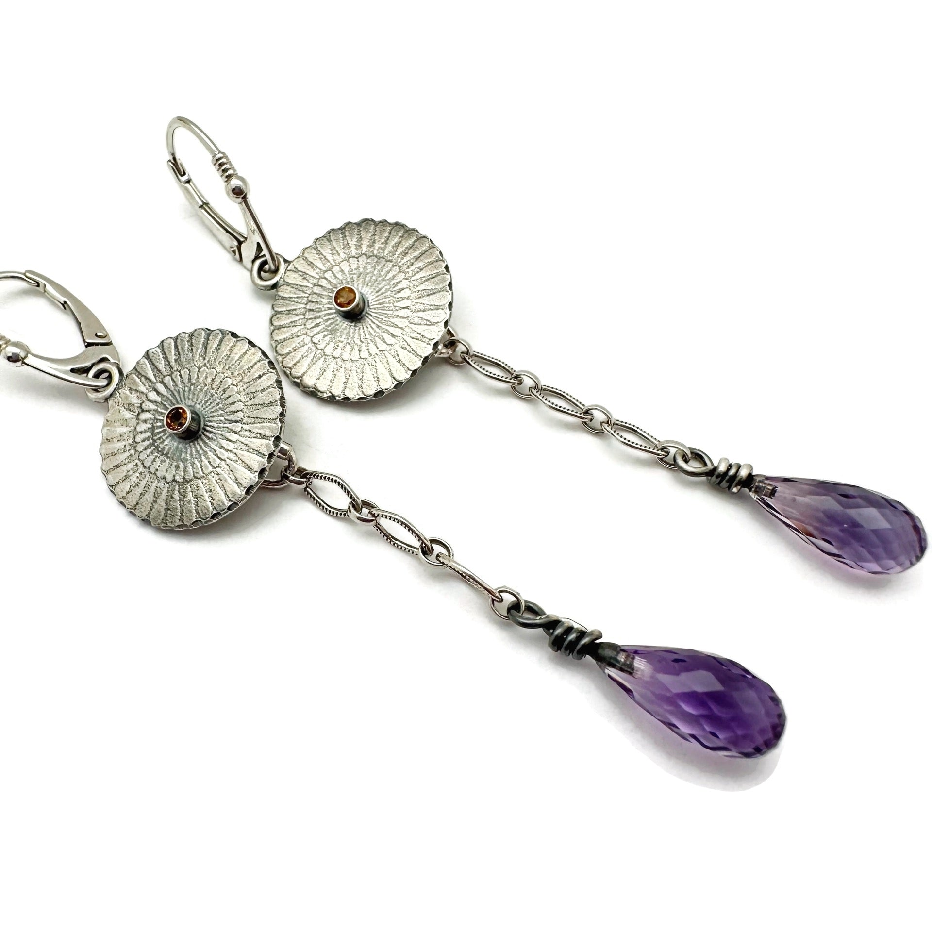 Floral Burst Earrings with Citrine and Amethyst Teardrop