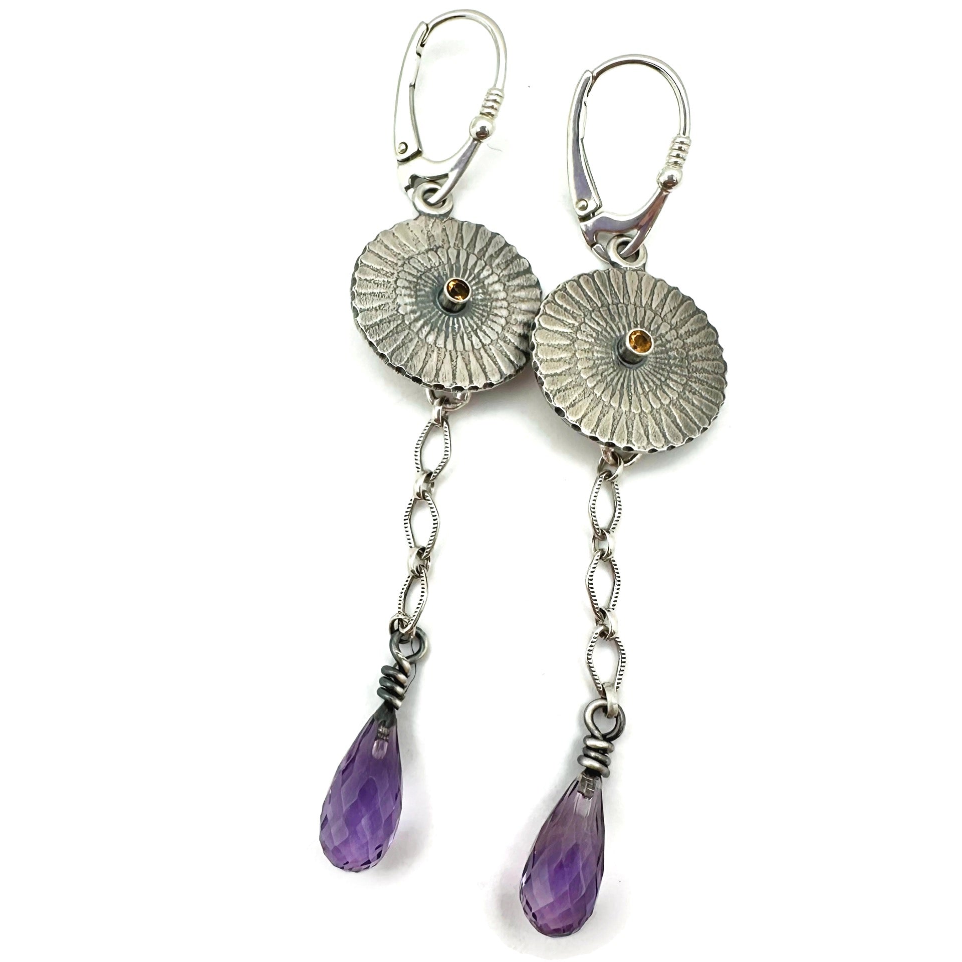 Floral Burst Earrings with Citrine and Amethyst Teardrop