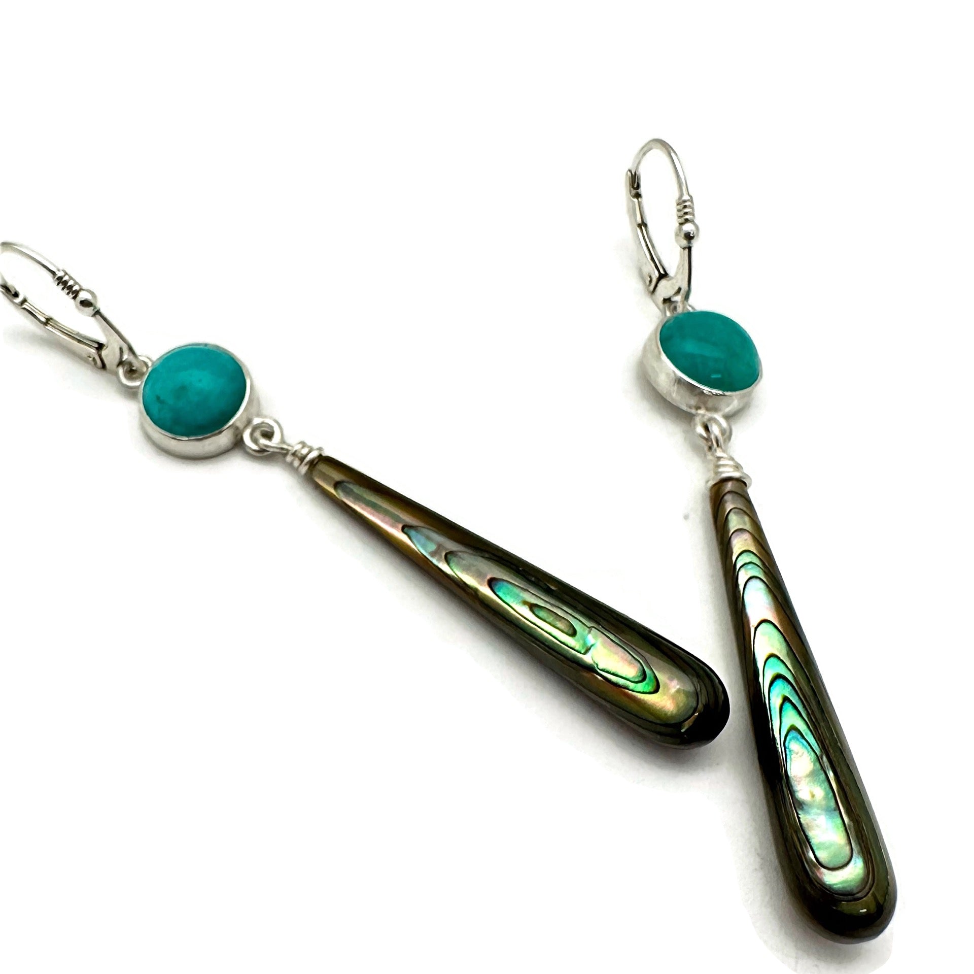 Long Abalone Shell Teardrop and Amazonite Earrings