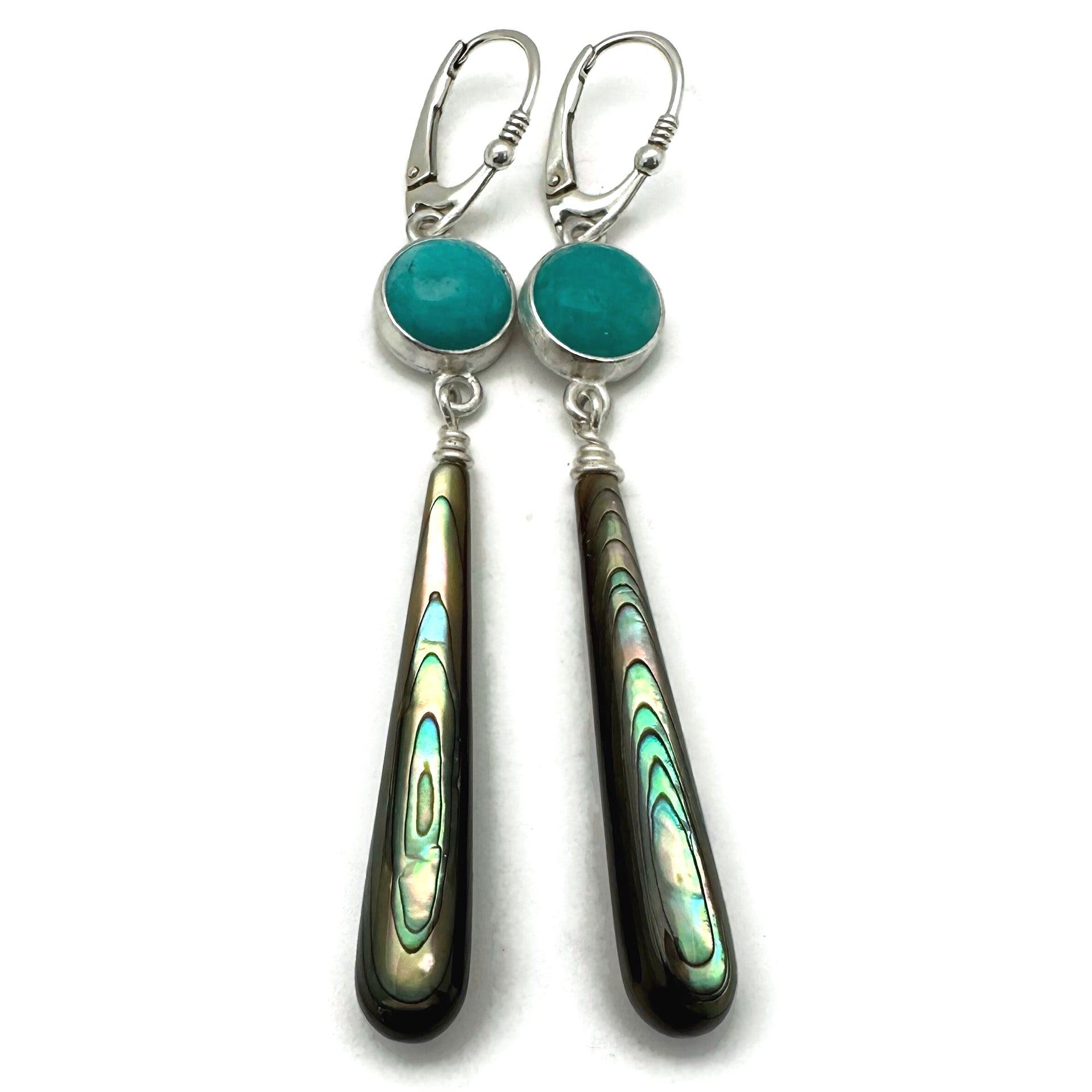 Long Abalone Shell Teardrop and Amazonite Earrings