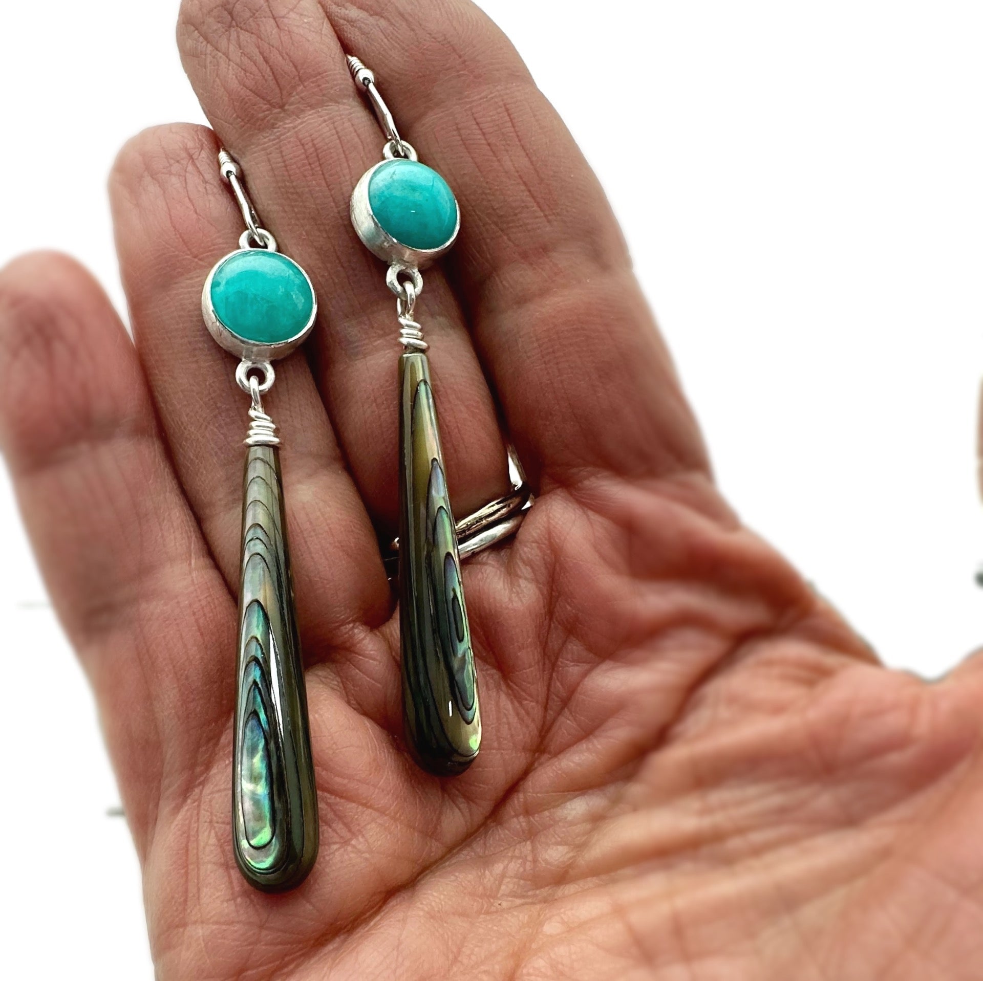 Long Abalone Shell Teardrop and Amazonite Earrings
