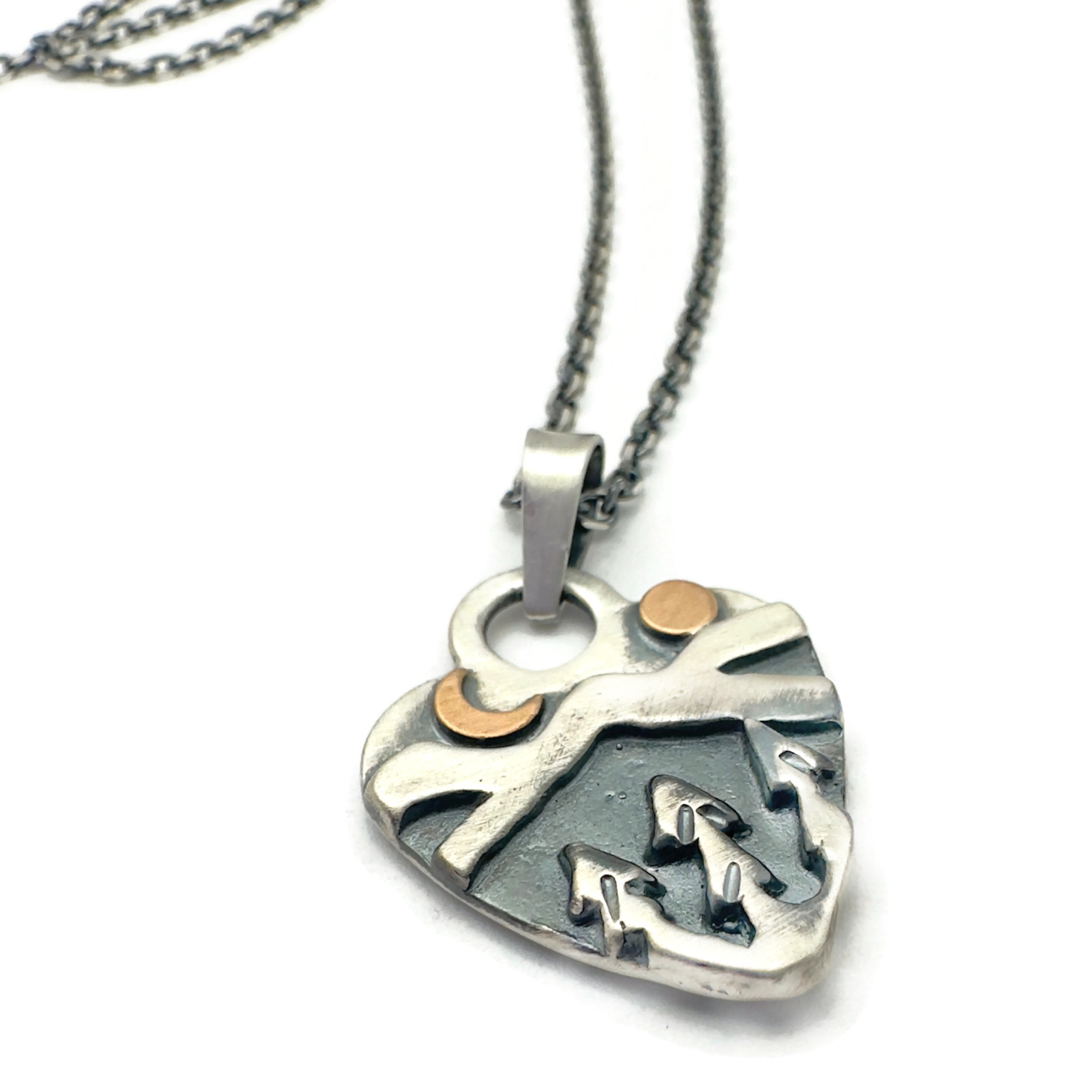 Sterling Silver Alpine Heart Necklace with Bronze Crescent Moon and Sun