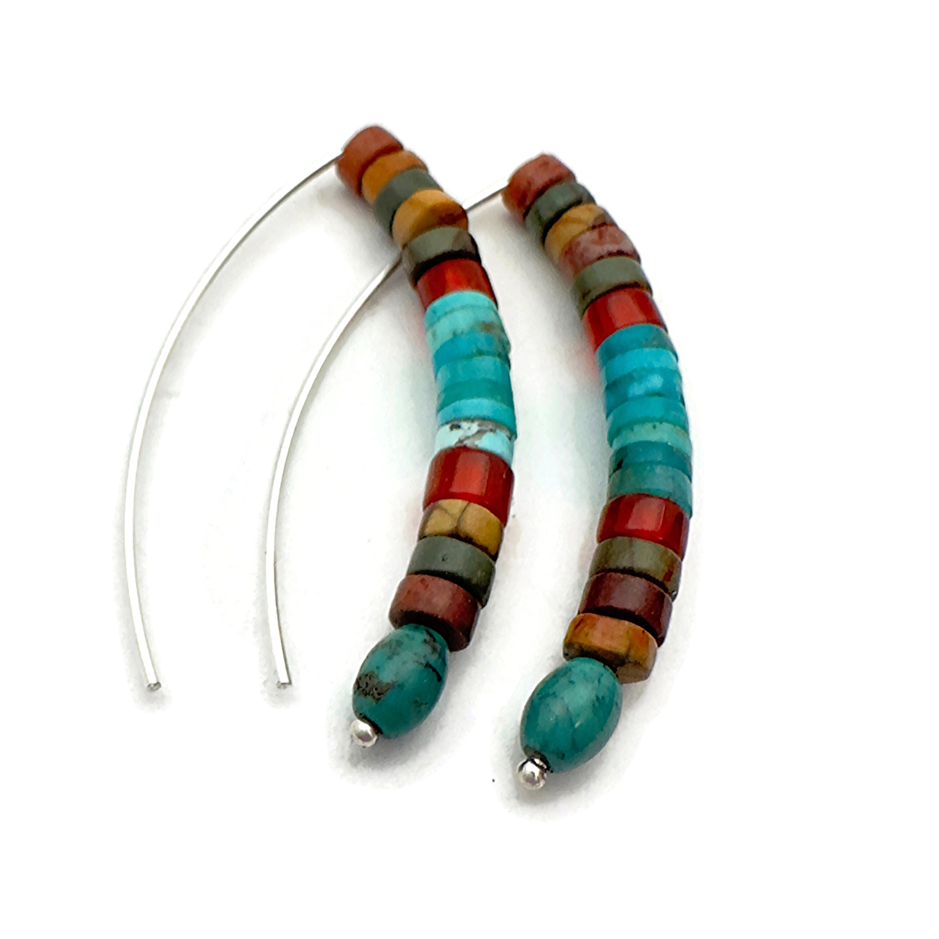 Red Creek Rhyolite, Turquoise, Carnelian and Sterling Silver Marquise Shaped Earrings