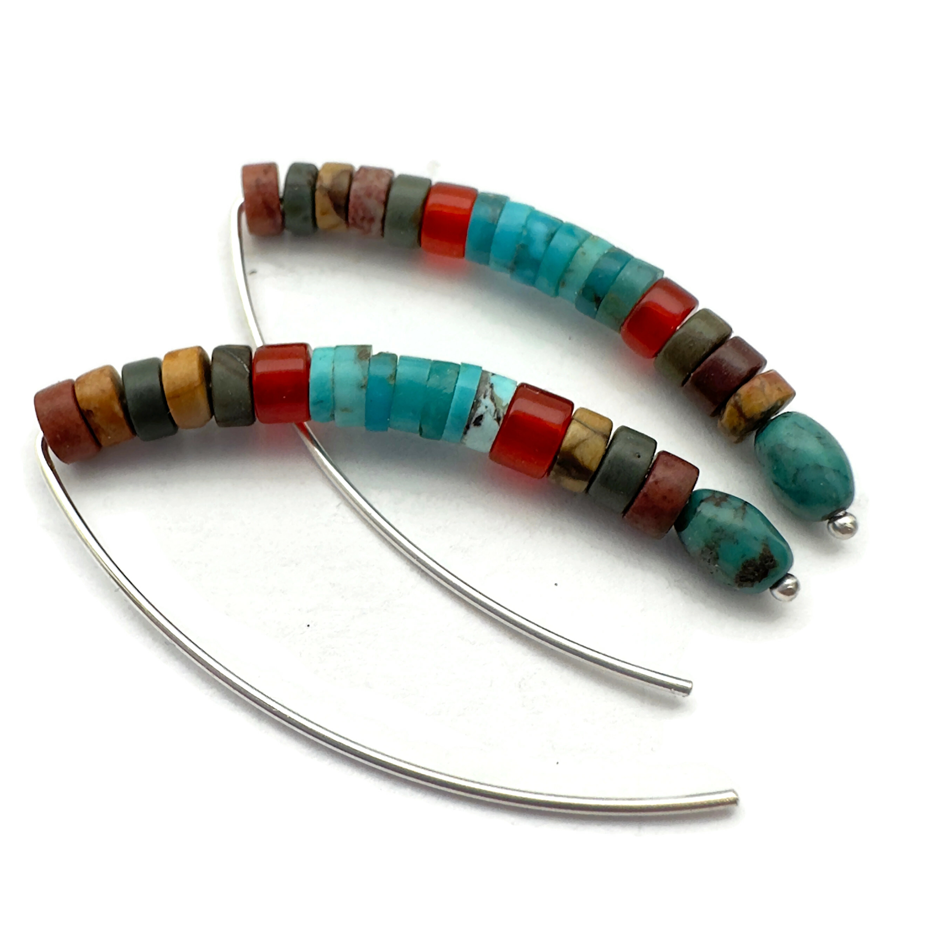 Red Creek Rhyolite, Turquoise, Carnelian and Sterling Silver Marquise Shaped Earrings