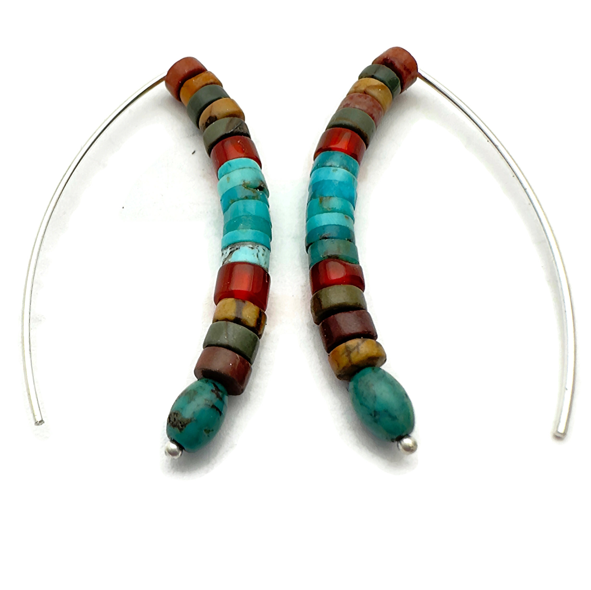 Red Creek Rhyolite, Turquoise, Carnelian and Sterling Silver Marquise Shaped Earrings