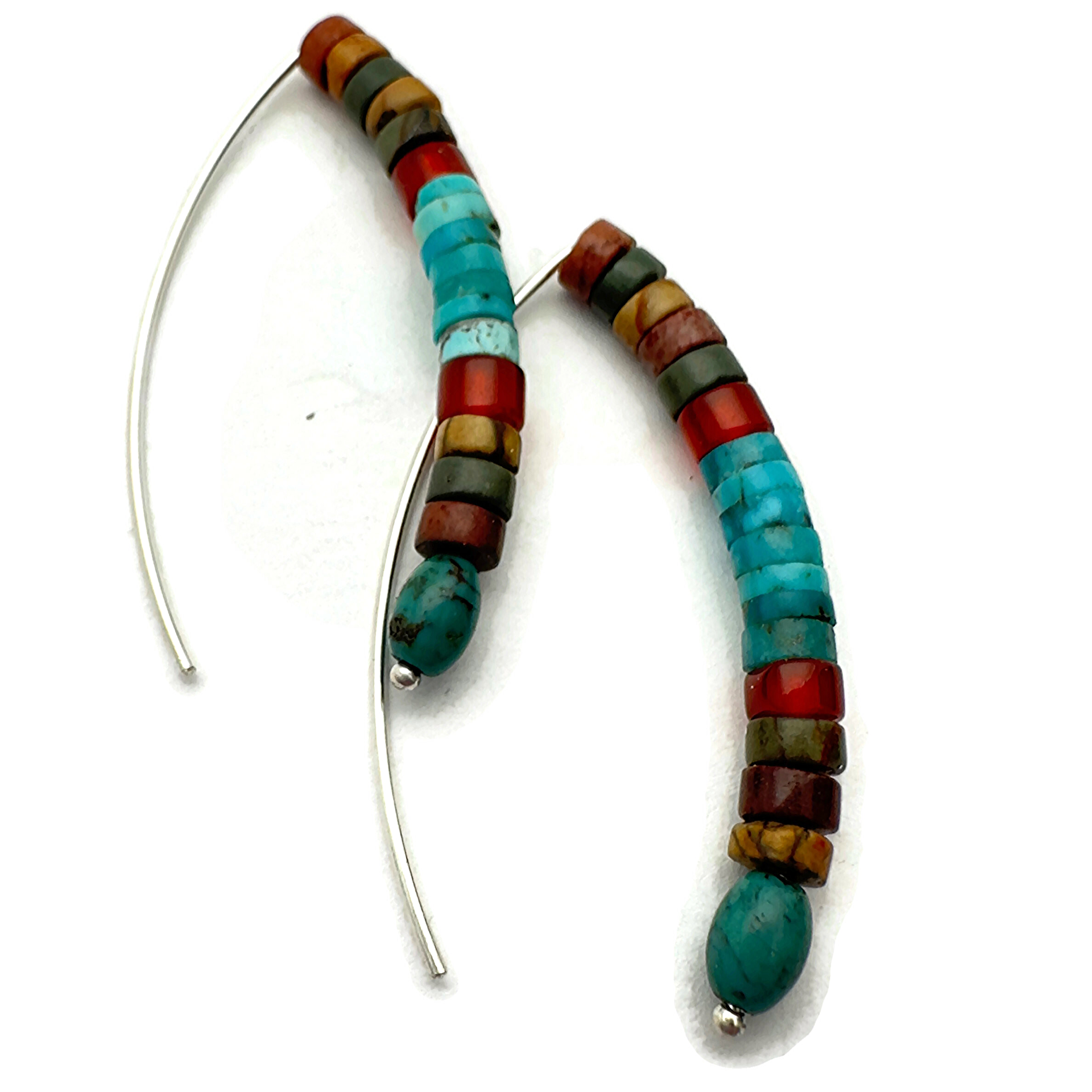 Red Creek Rhyolite, Turquoise, Carnelian and Sterling Silver Marquise Shaped Earrings