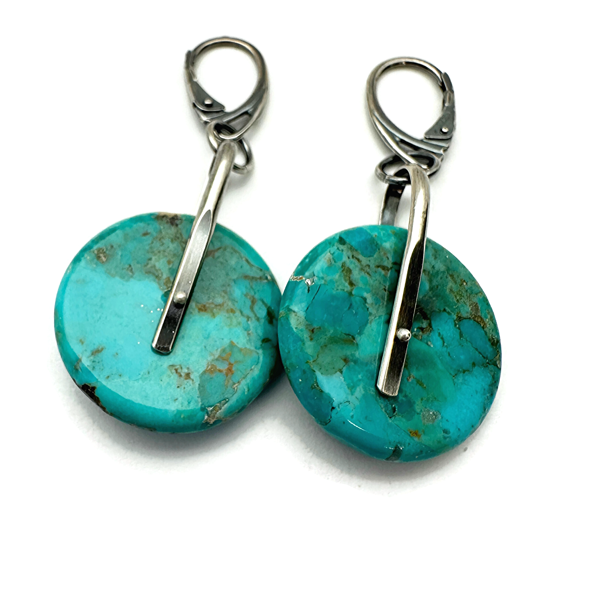 Kingman Turquoise Disc Earrings Saddle Set in Sterling Silver - 25mm