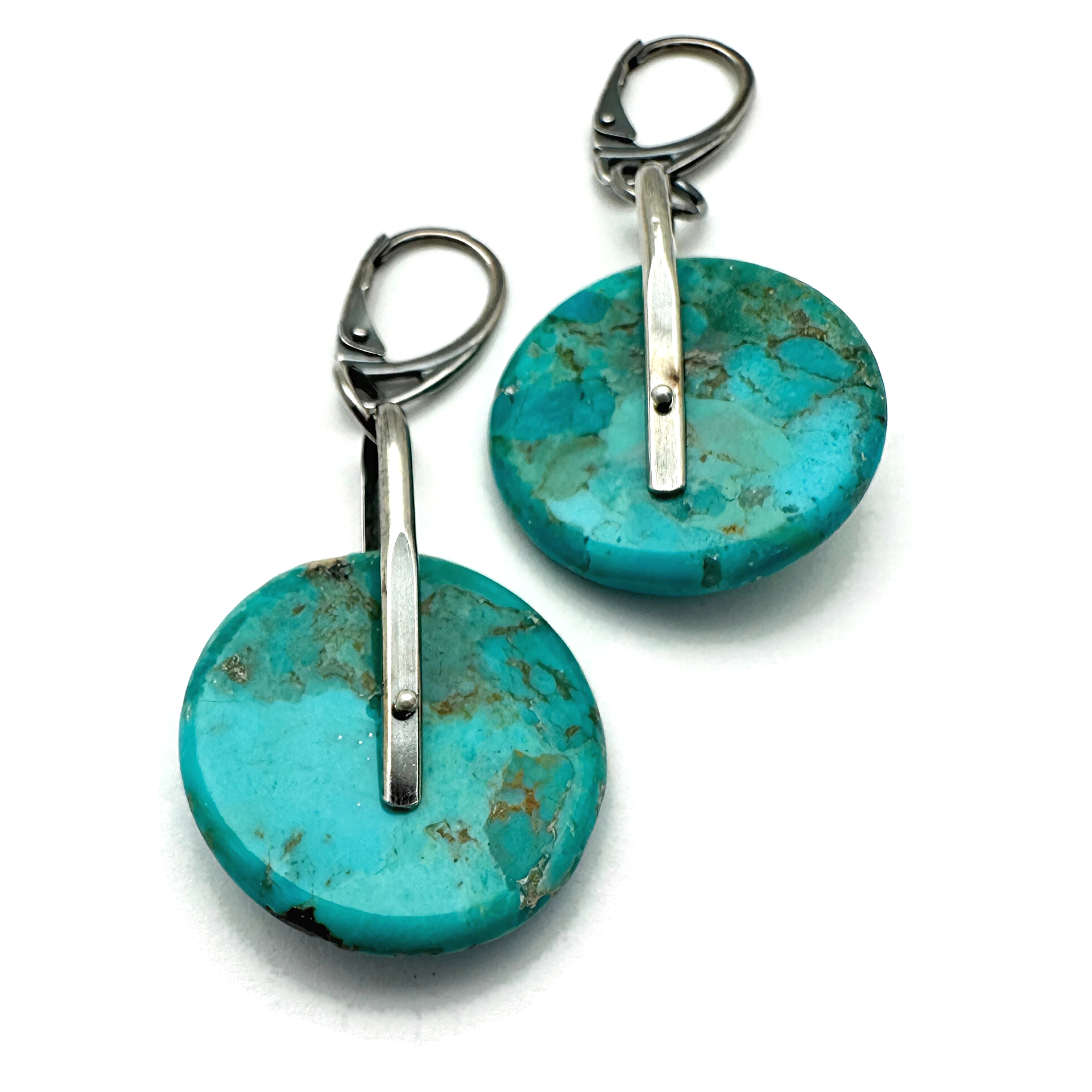 Kingman Turquoise Disc Earrings Saddle Set in Sterling Silver - 25mm