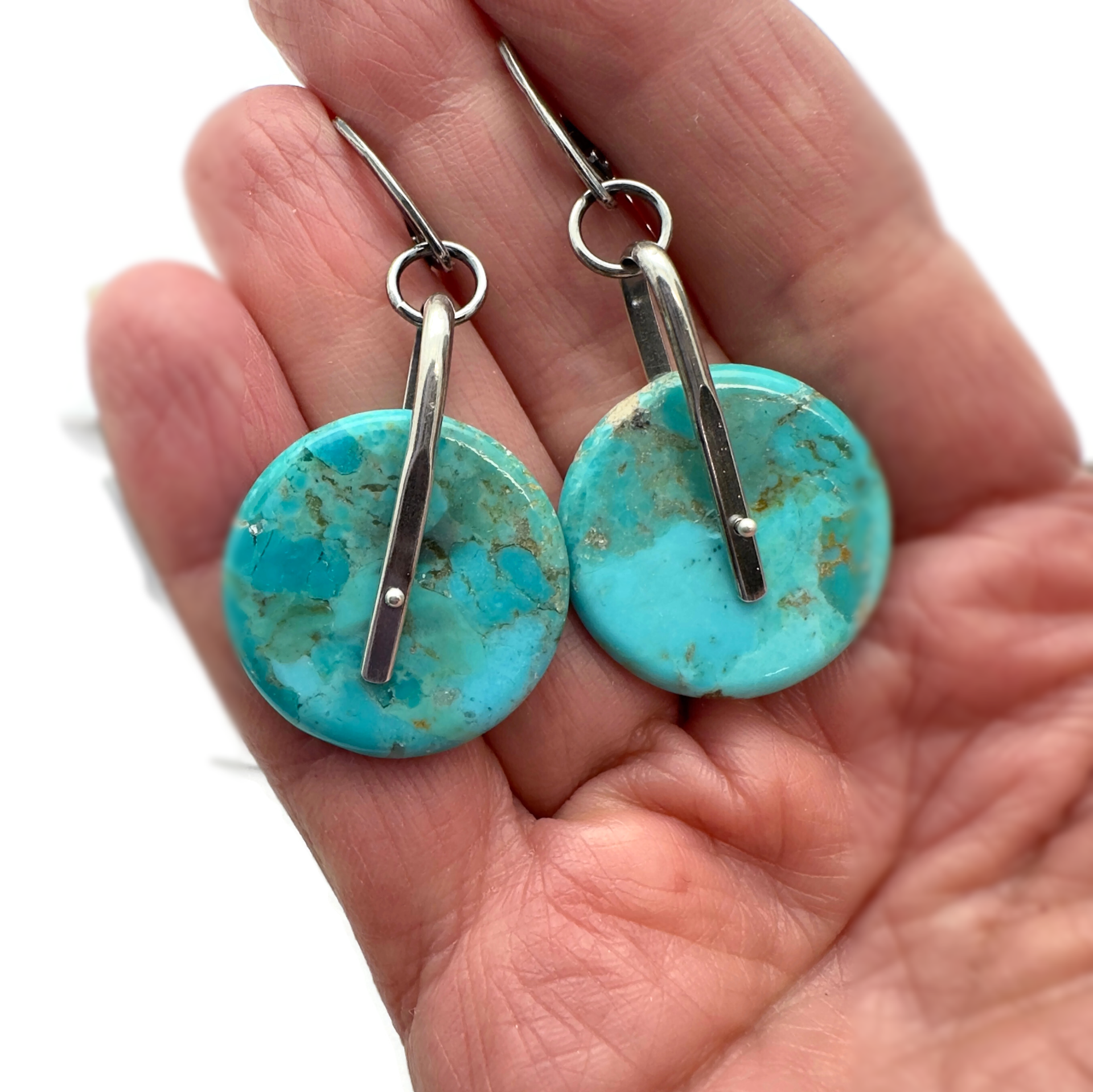 Kingman Turquoise Disc Earrings Saddle Set in Sterling Silver - 25mm