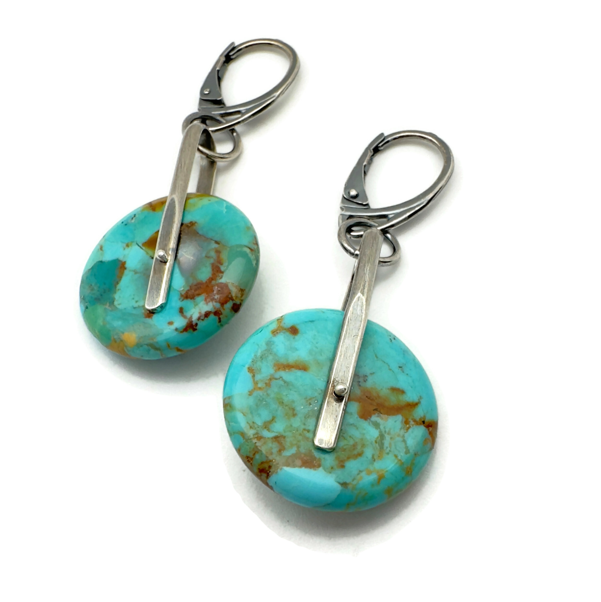 Kingman Turquoise Disc Earrings Saddle Set in Sterling Silver - 20mm