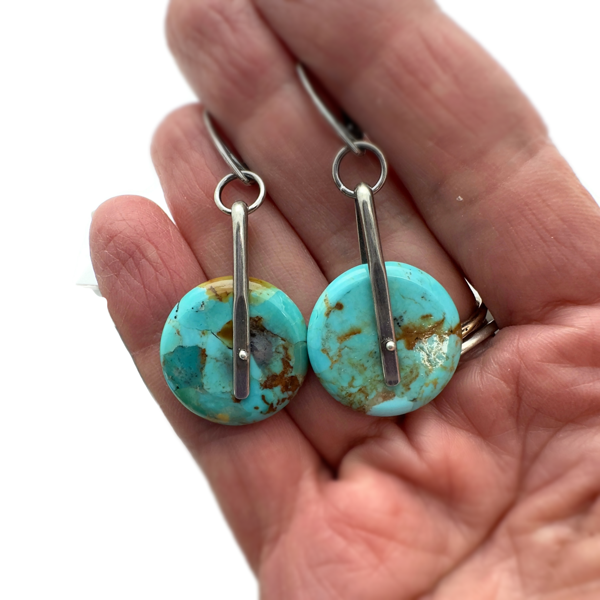 Kingman Turquoise Disc Earrings Saddle Set in Sterling Silver - 20mm