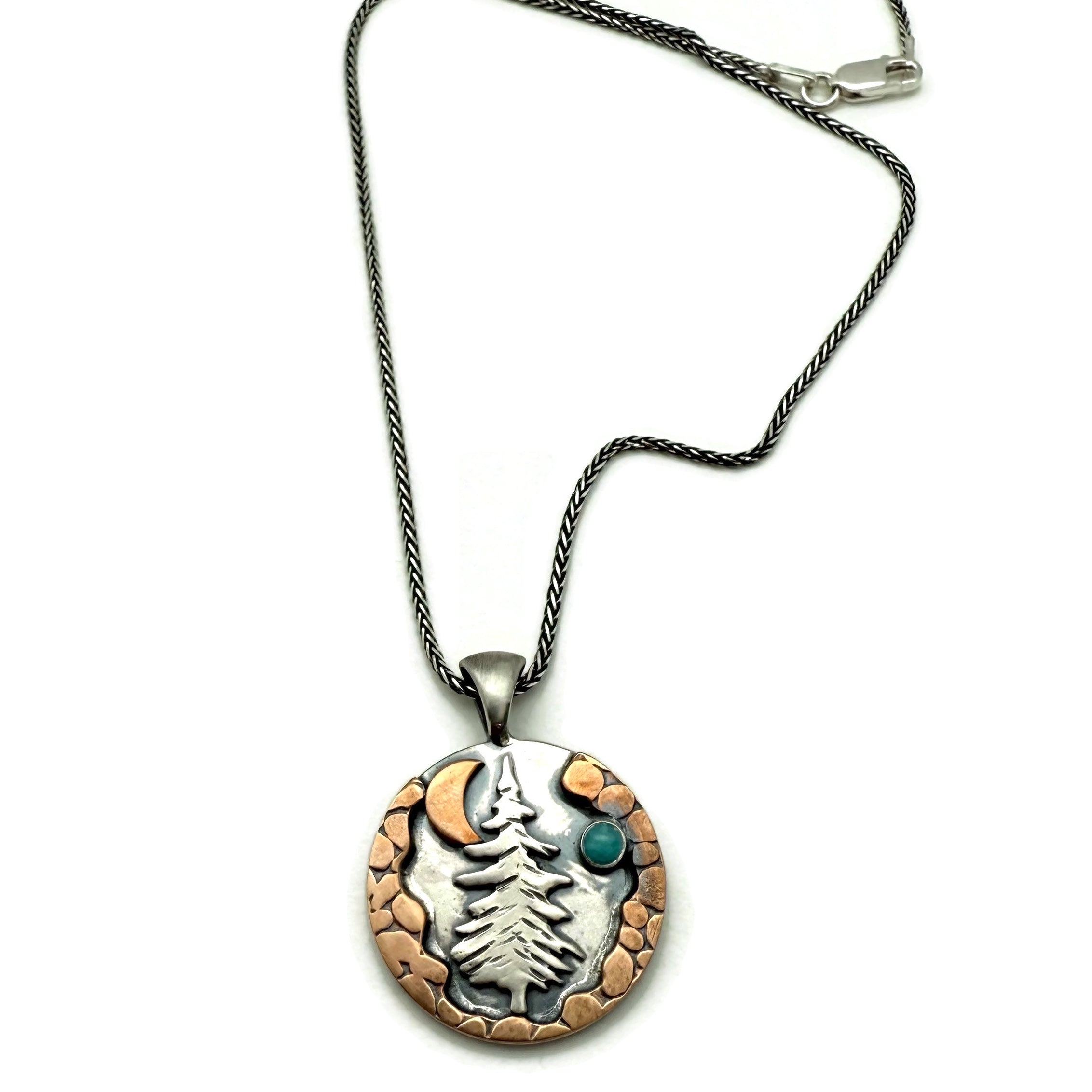 Alpine Necklace Lone Pine Tree Sterling Silver, Bronze, Amazonite Gemstone