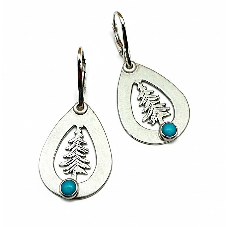 Silver earrings with tree design and turquoise stones