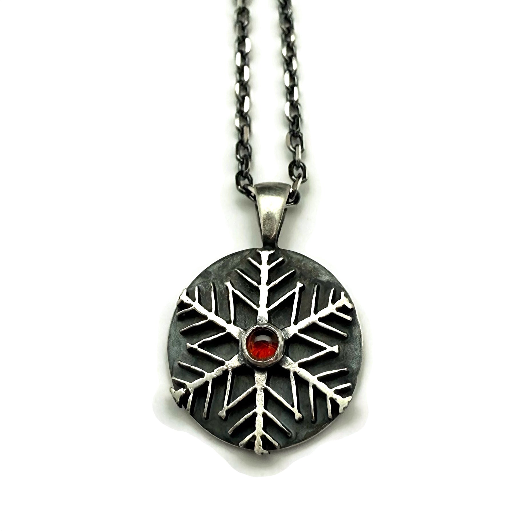 Snowflake Necklace - Sterling Silver and Garnet