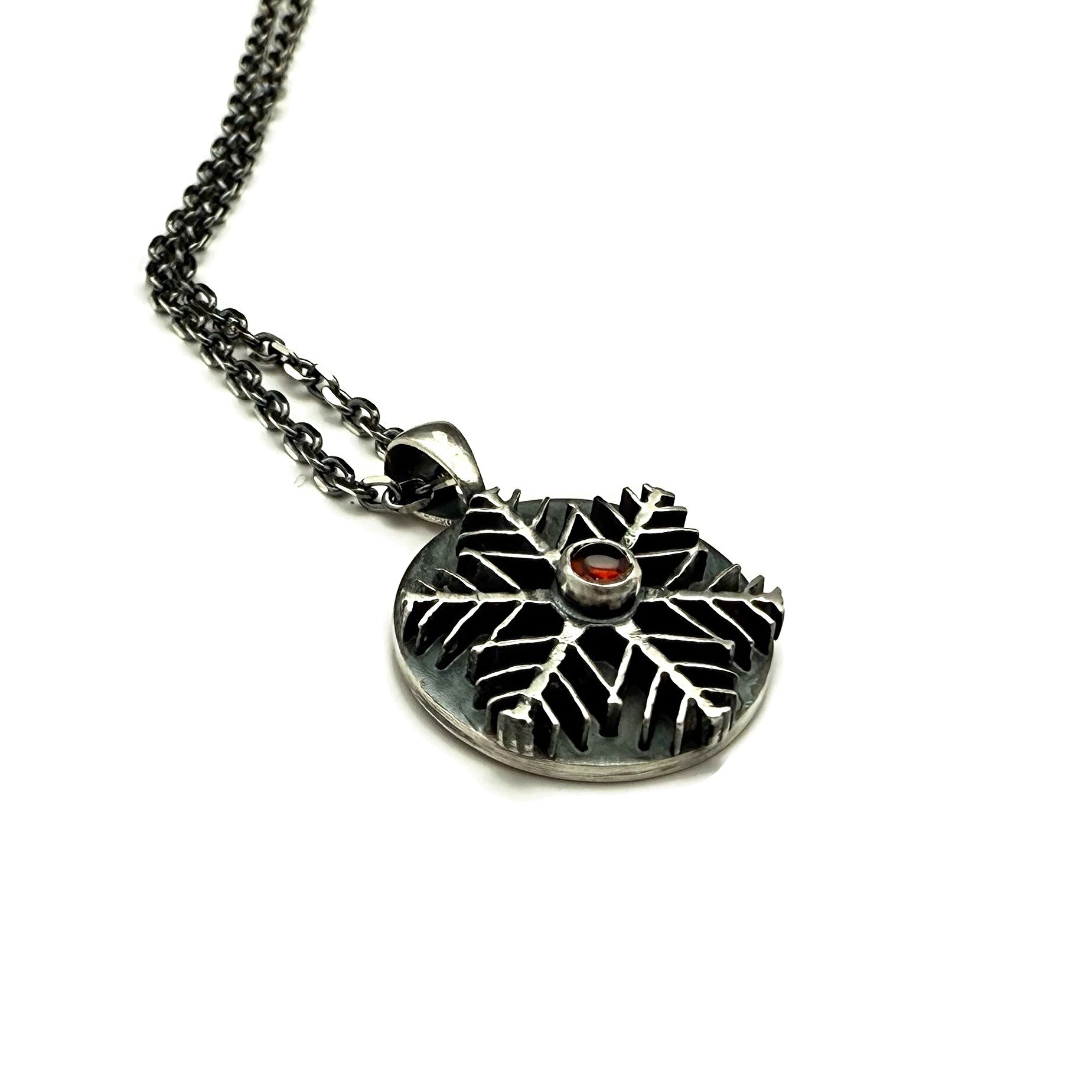 Snowflake Necklace - Sterling Silver and Garnet