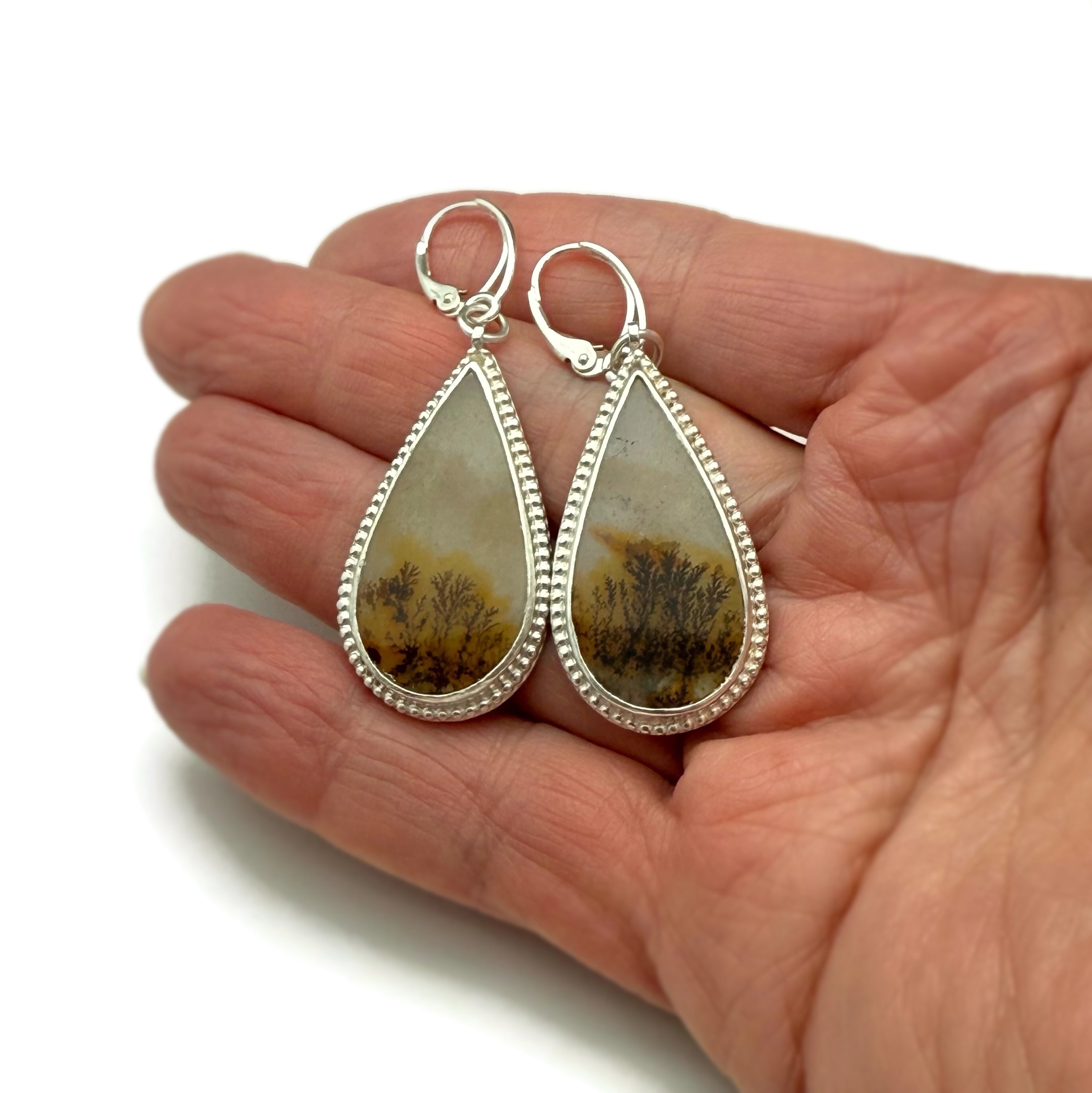Dendritic Agate Teardrop Earrings Fine Silver and Sterling Silver