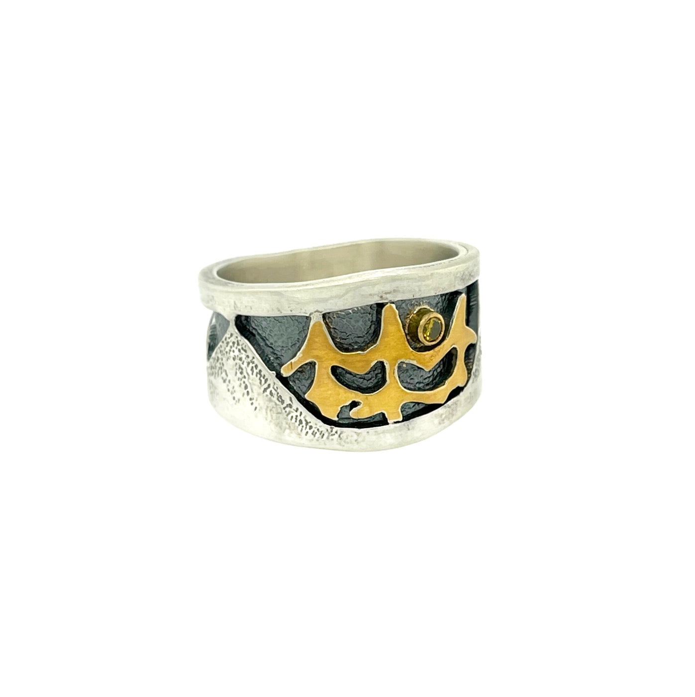 Pine Mountain Ring in Sterling Silver with 22K Gold and Sterling Silver Bi-Metal Pine Trees and .04 carat Yellow Diamond Size 8