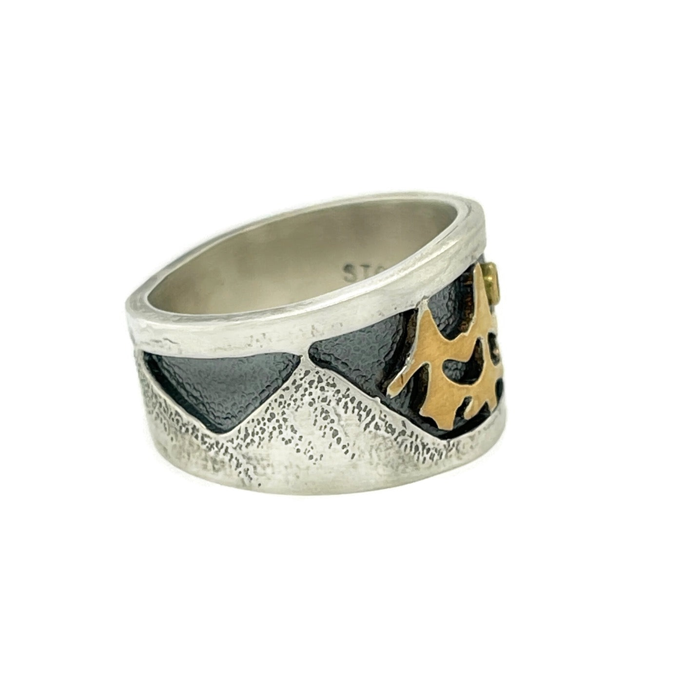 Pine Mountain Ring in Sterling Silver with 22K Gold and Sterling Silver Bi-Metal Pine Trees and .04 carat Yellow Diamond Size 8