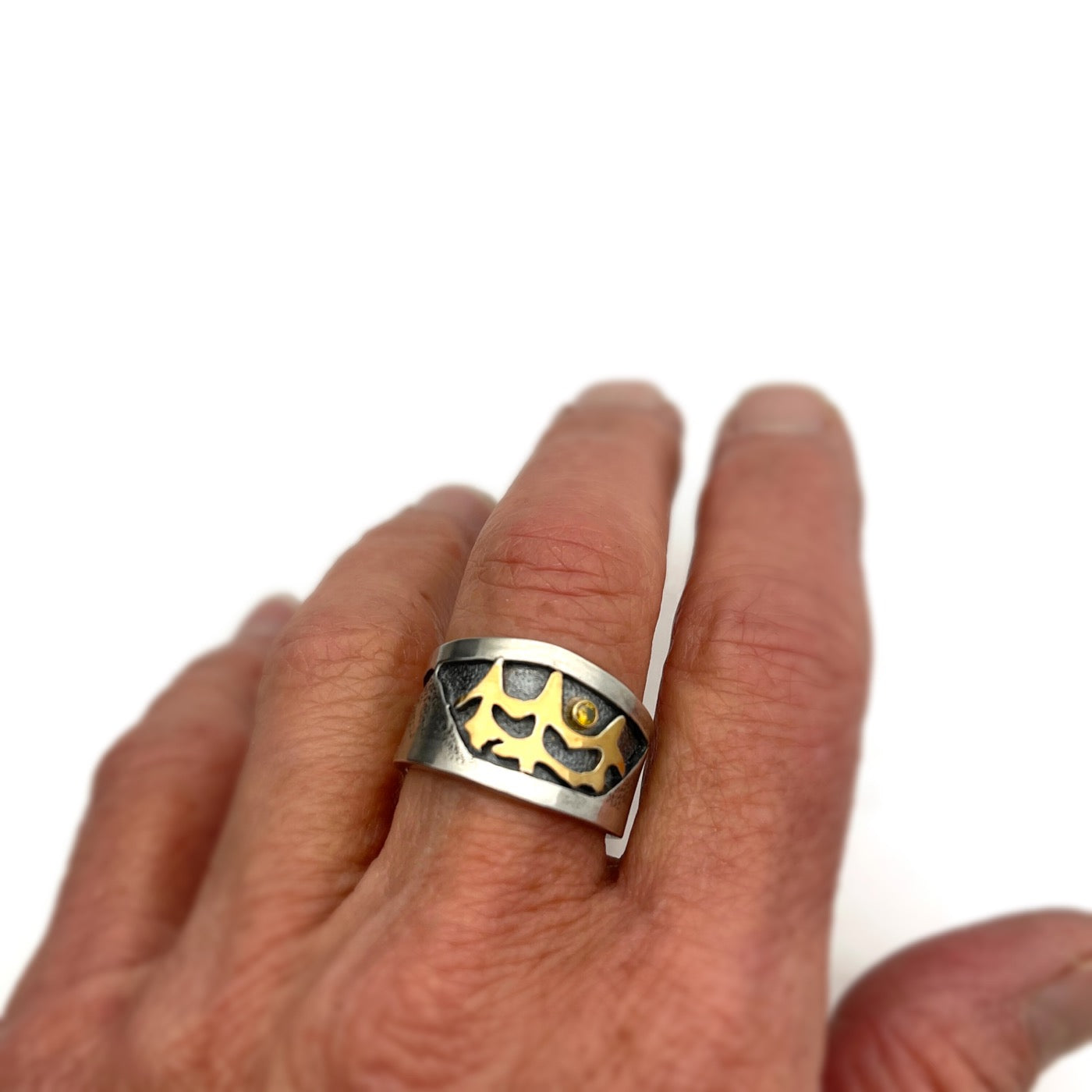 Pine Mountain Ring in Sterling Silver with 22K Gold and Sterling Silver Bi-Metal Pine Trees and .04 carat Yellow Diamond Size 8