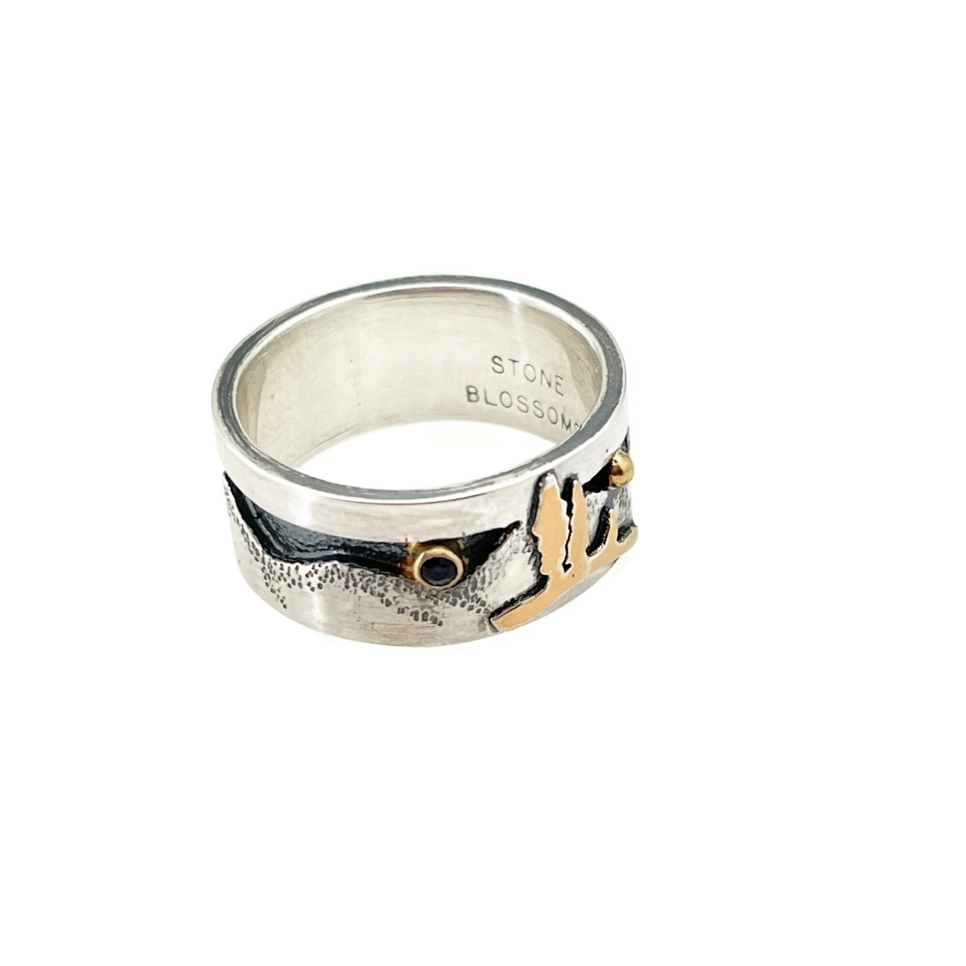 Sterling Silver, 22K and Sterling Silver Bi-Metal Gold Blue Sapphire 18k Gold Mountain Landscape Ring Size 9.25