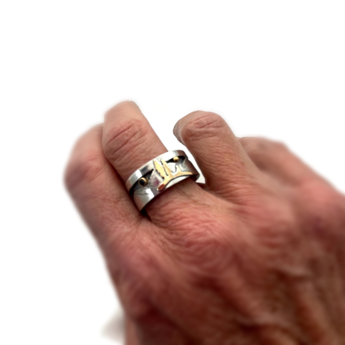 Sterling Silver, 22K and Sterling Silver Bi-Metal Gold Blue Sapphire 18k Gold Mountain Landscape Ring Size 9.25