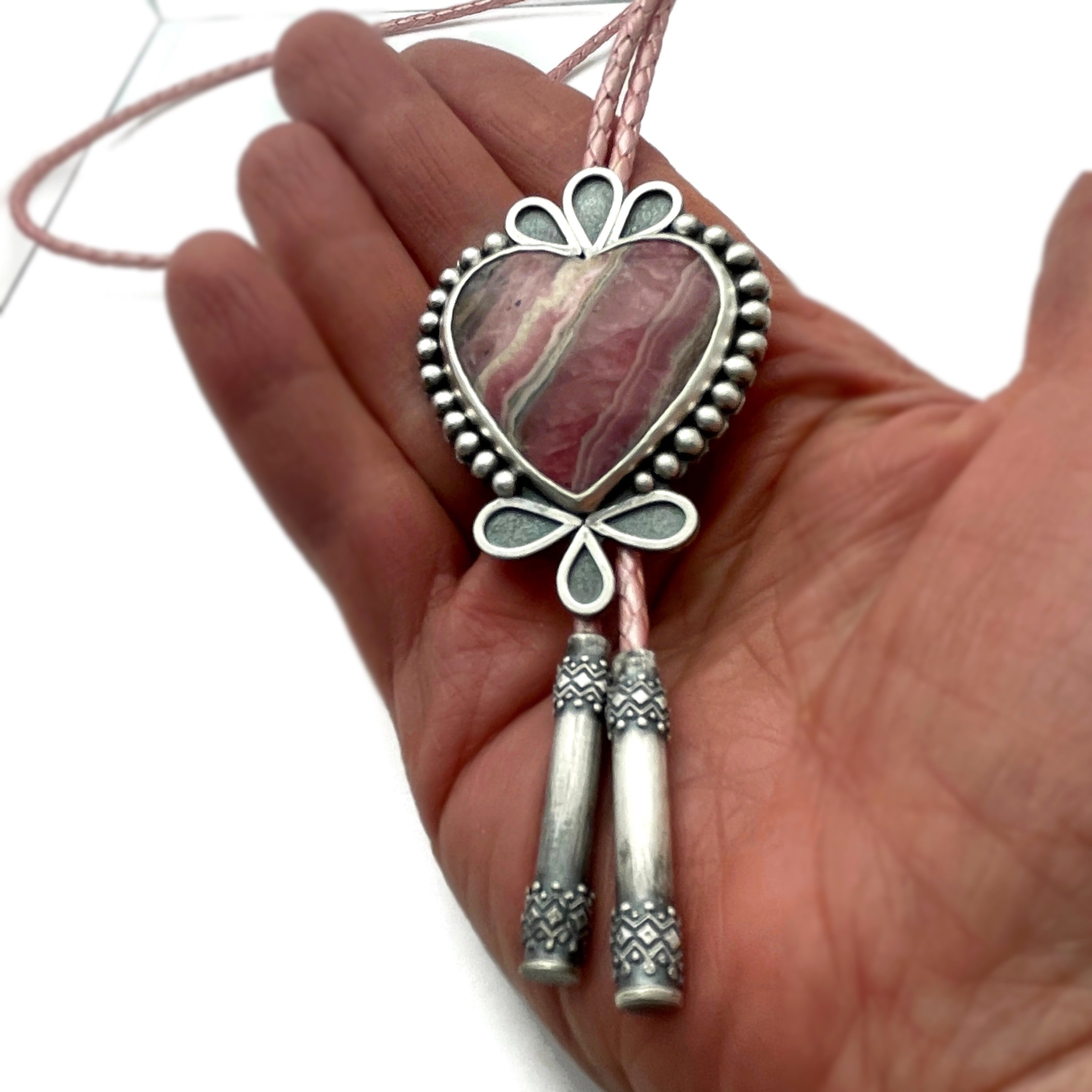 Rhodochrosite heart and sterling silver bolo tie