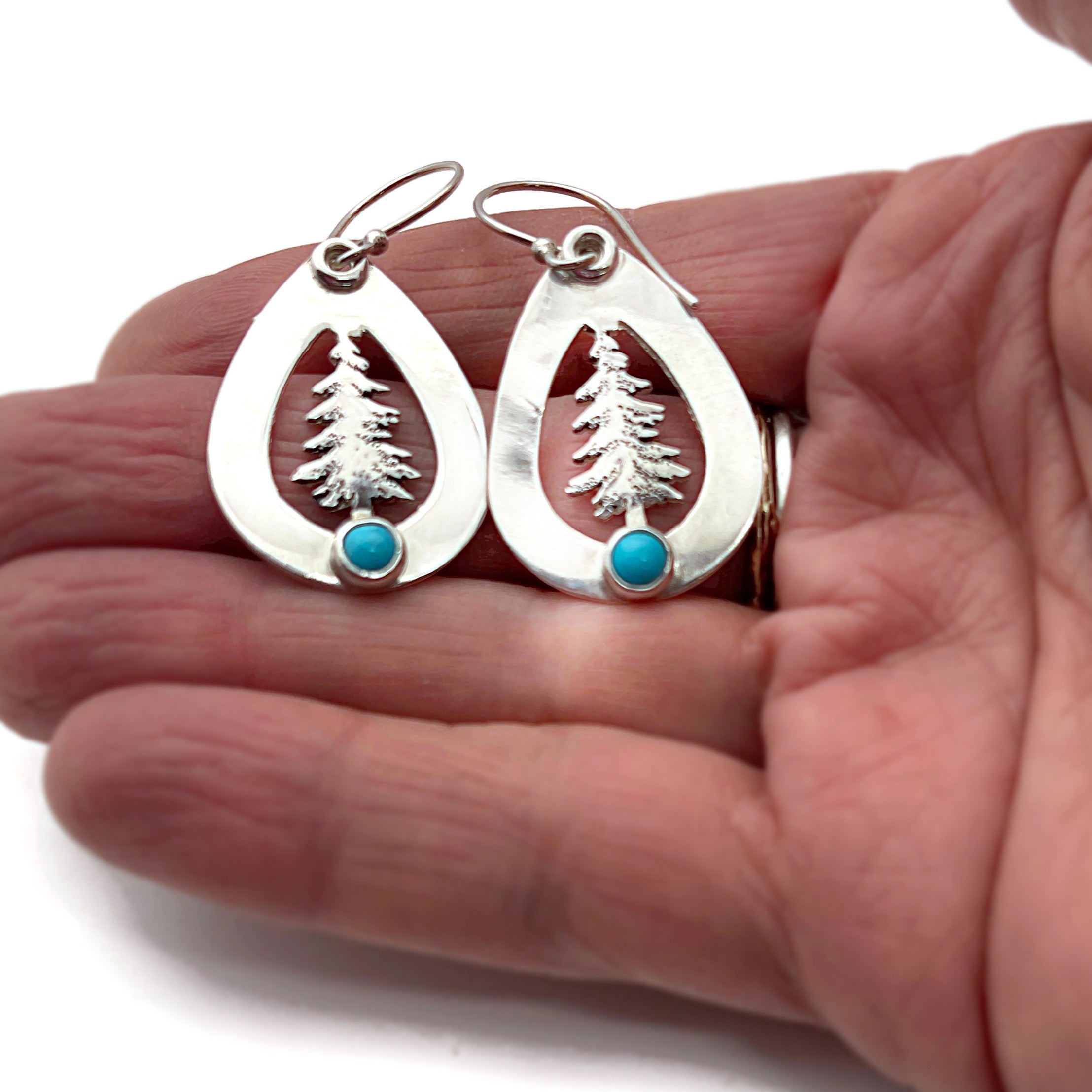 Sterling Silver Pine Tree Earrings with Sleeping Beauty Turquoise