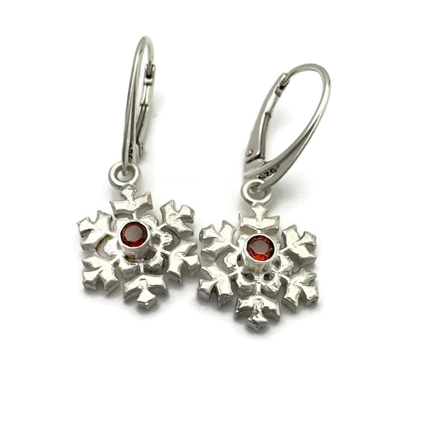 Sterling Silver Snowflake Earrings with Garnet Gemstones