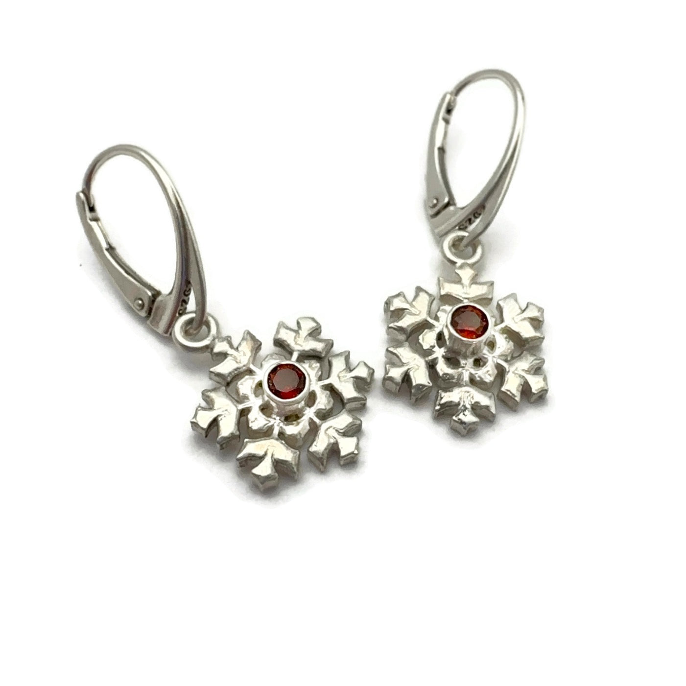 Sterling Silver Snowflake Earrings with Garnet Gemstones