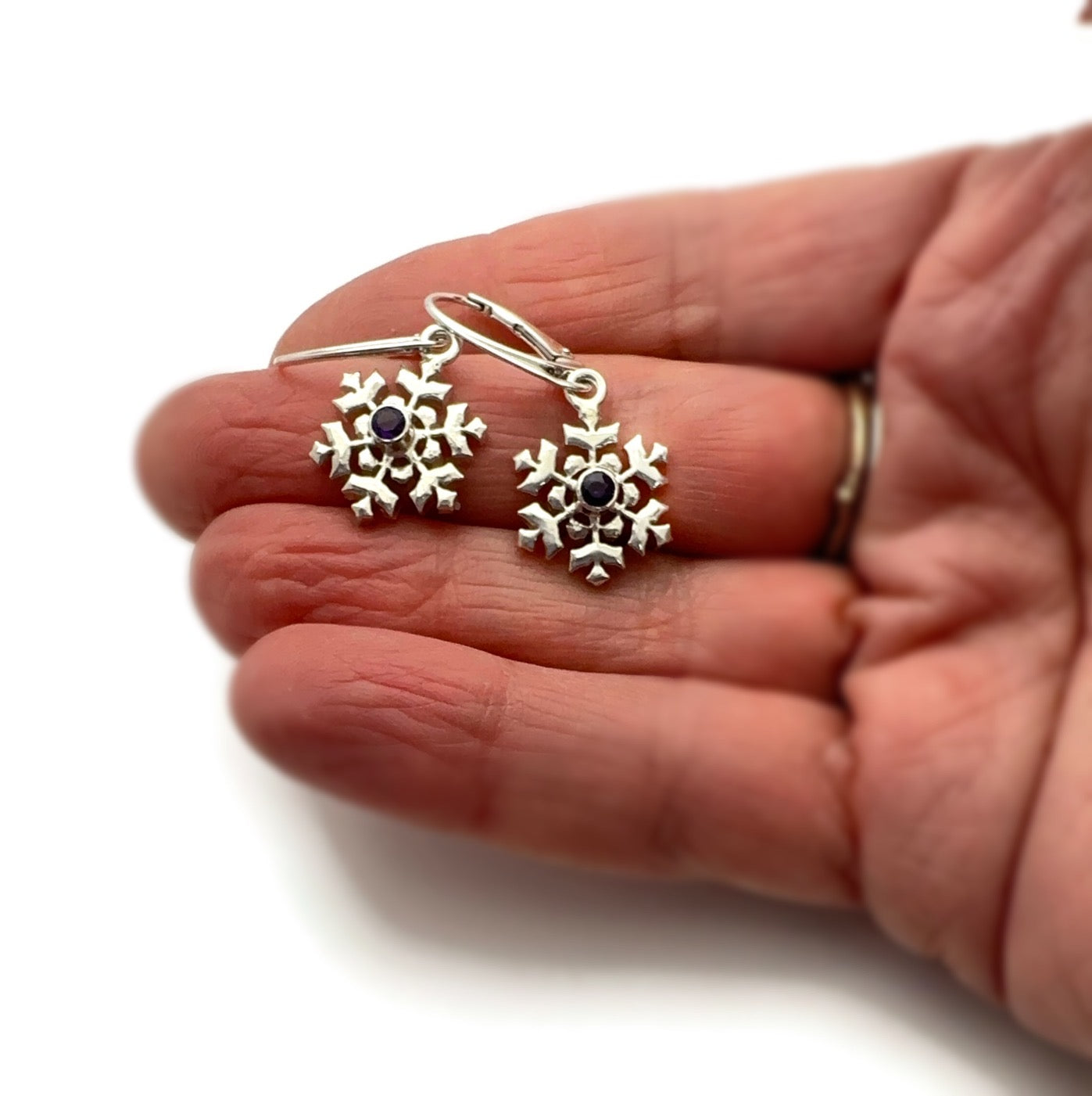 Sterling Silver Snowflake Earrings with Amethyst Gemstones