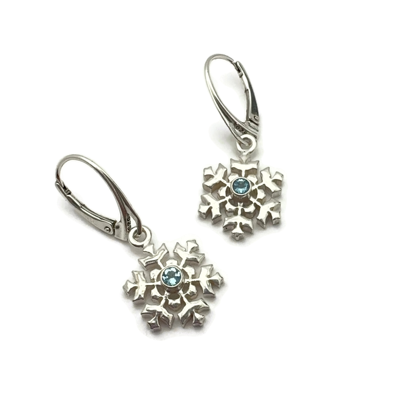 Sterling Silver Snowflake Earrings with Aquamarine Gemstones