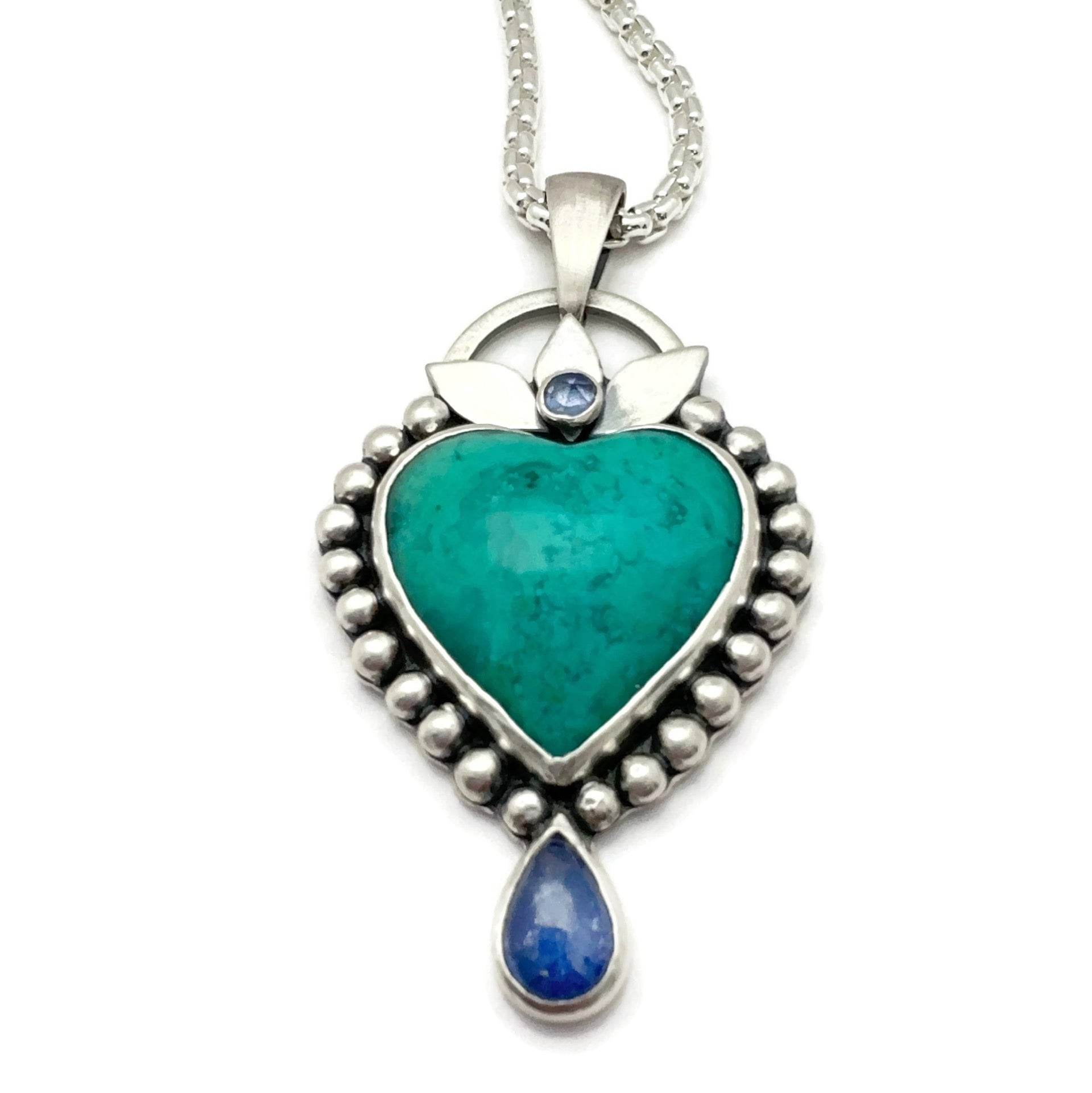 Chrysocolla Gem Silica Heart and  Tanzanite Gemstones Necklace