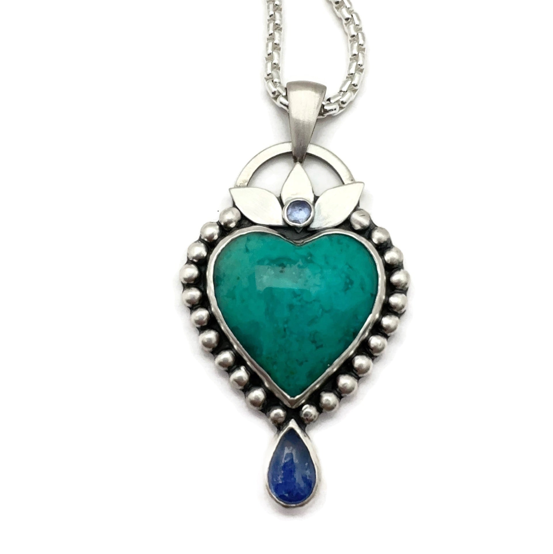 Chrysocolla Gem Silica Heart and  Tanzanite Gemstones Necklace