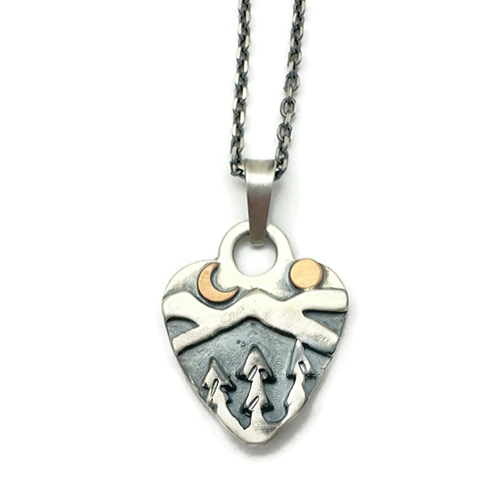 Silver Mountain Valley River Pines Moon Sun outlet Boho Landscape Heart Necklace