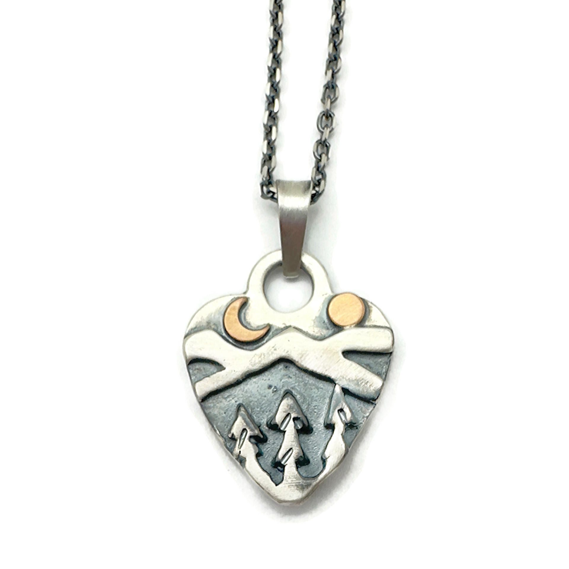 Sterling Silver Alpine Heart Necklace with Bronze Crescent Moon and Sun