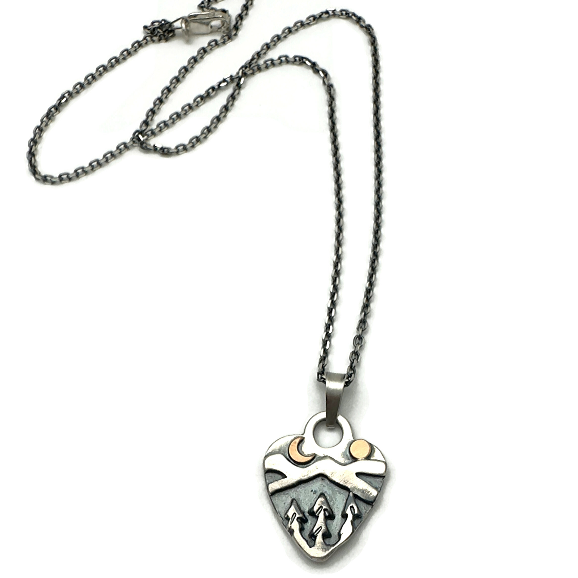 Sterling Silver Alpine Heart Necklace with Bronze Crescent Moon and Sun