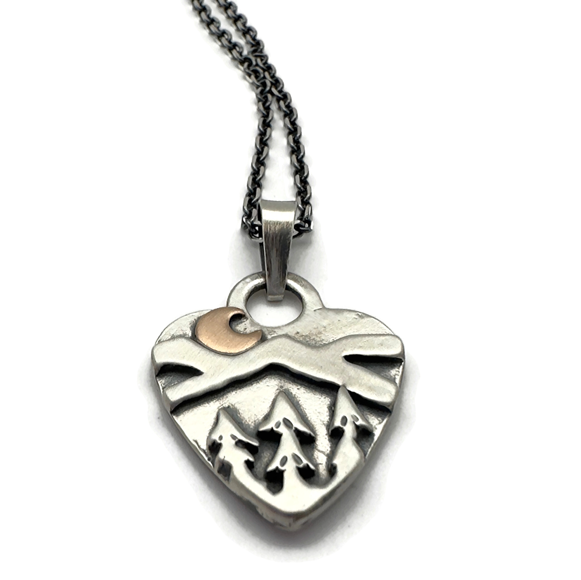 Sterling Silver Alpine Heart with Bronze Crescent Moon