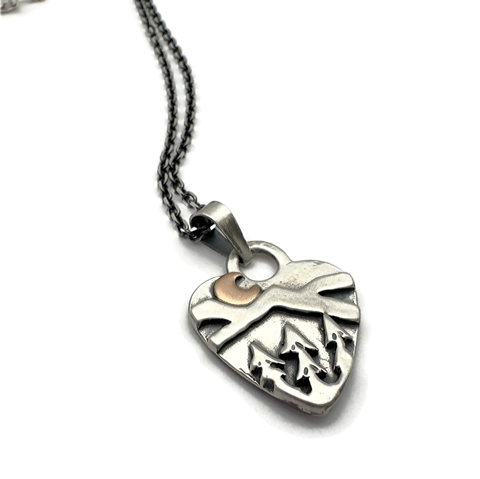 Sterling Silver Alpine Heart with Bronze Crescent Moon