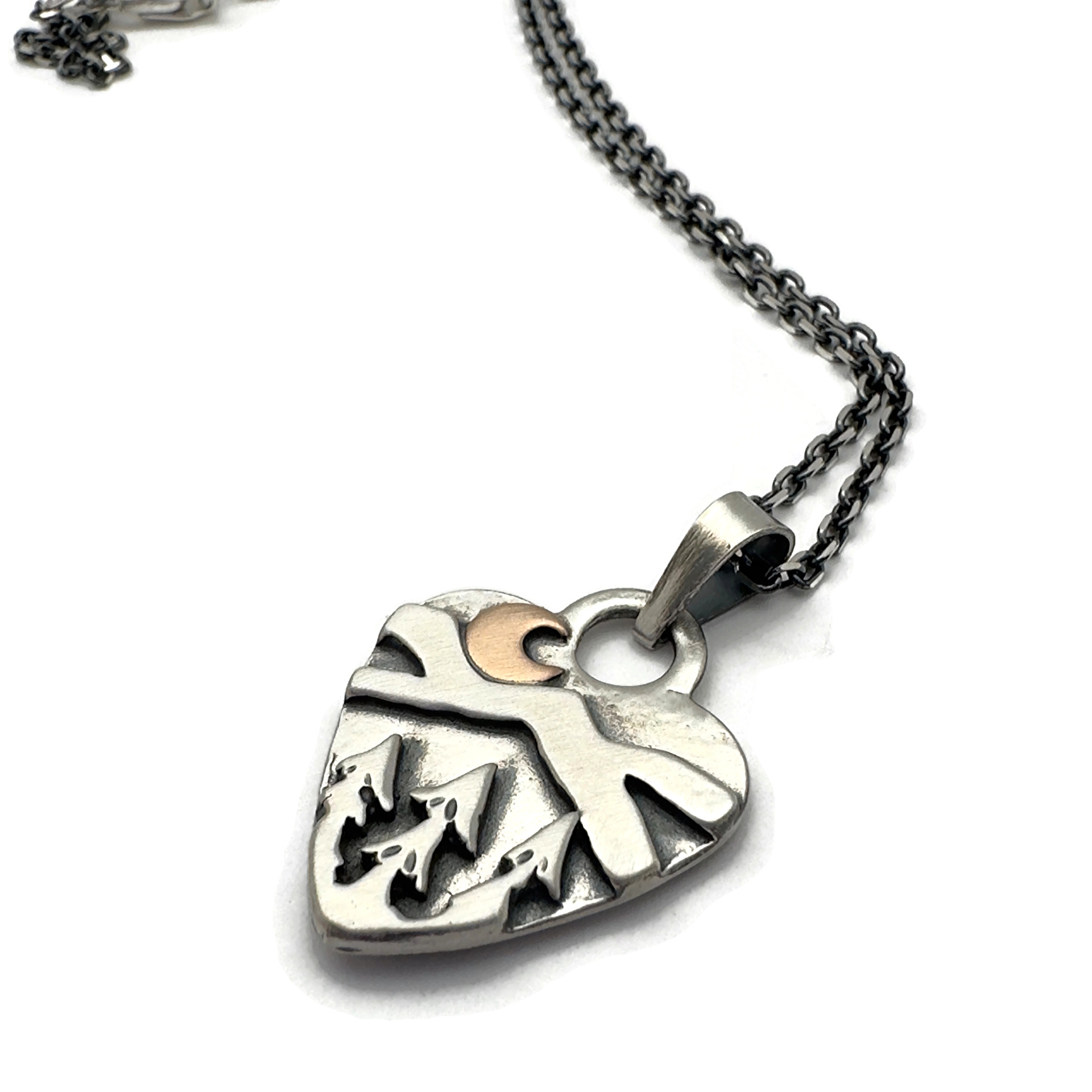 Sterling Silver Alpine Heart with Bronze Crescent Moon