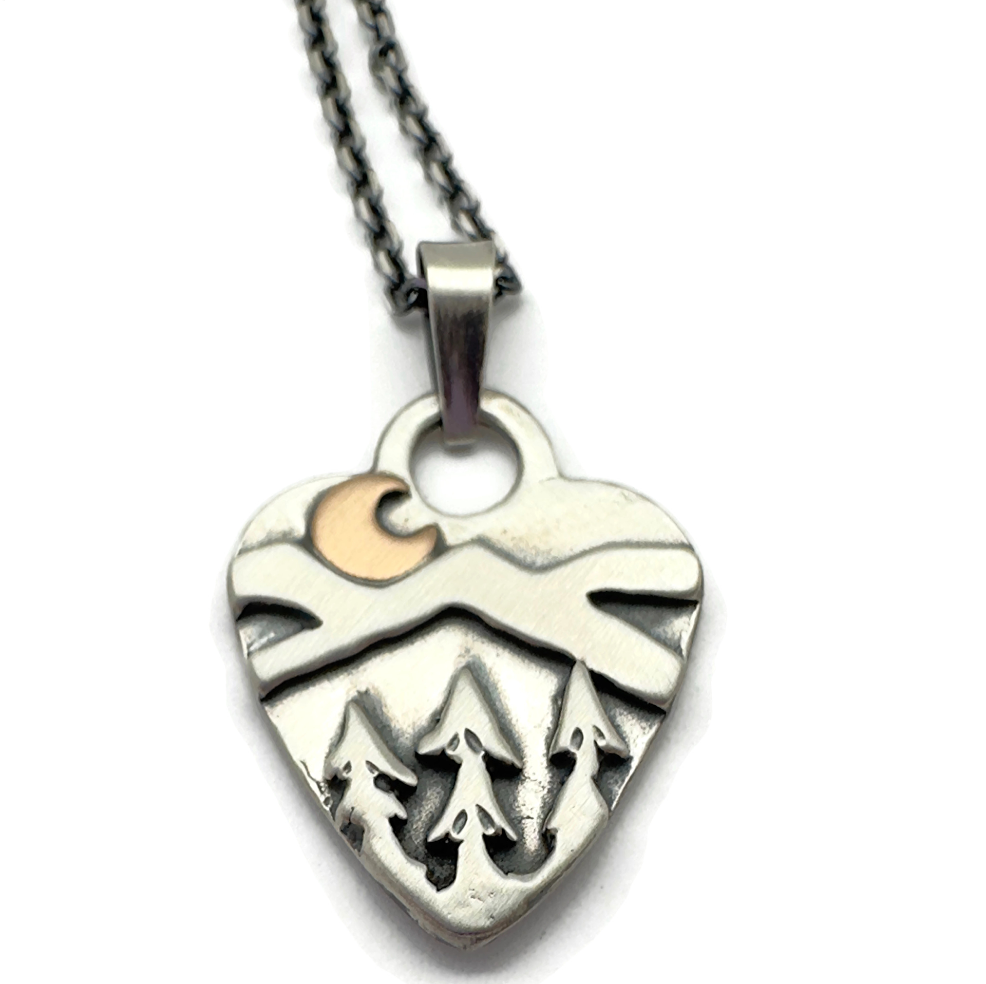 Sterling Silver Alpine Heart with Bronze Crescent Moon