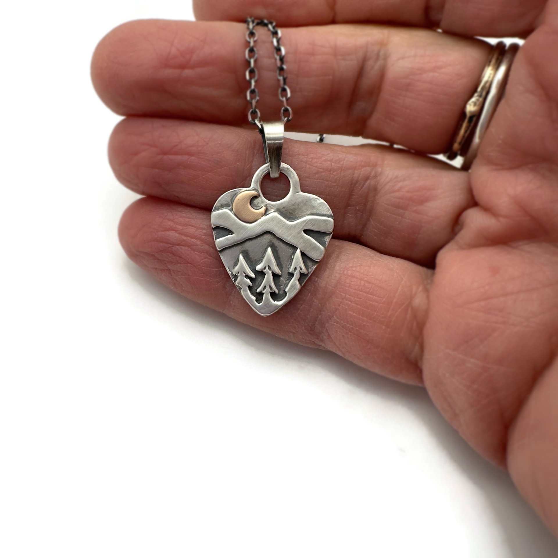 Sterling Silver Alpine Heart with Bronze Crescent Moon