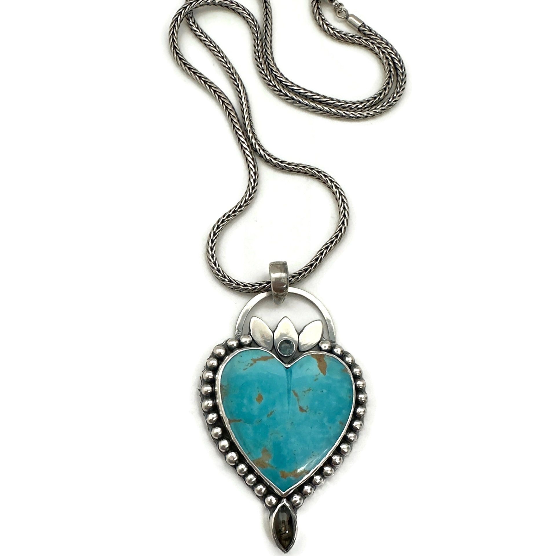 Kingman Turquoise Heart, Black Sapphire and Montana Blue Sapphire Necklace