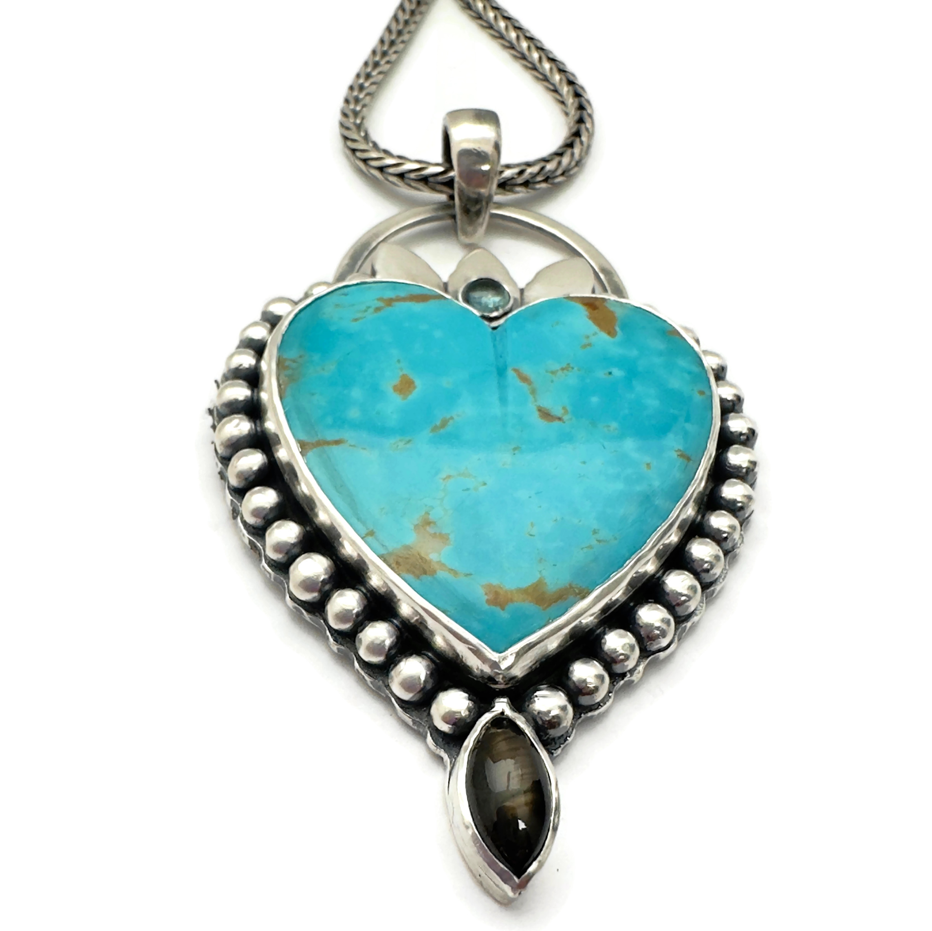 Kingman Turquoise Heart, Black Sapphire and Montana Blue Sapphire Necklace