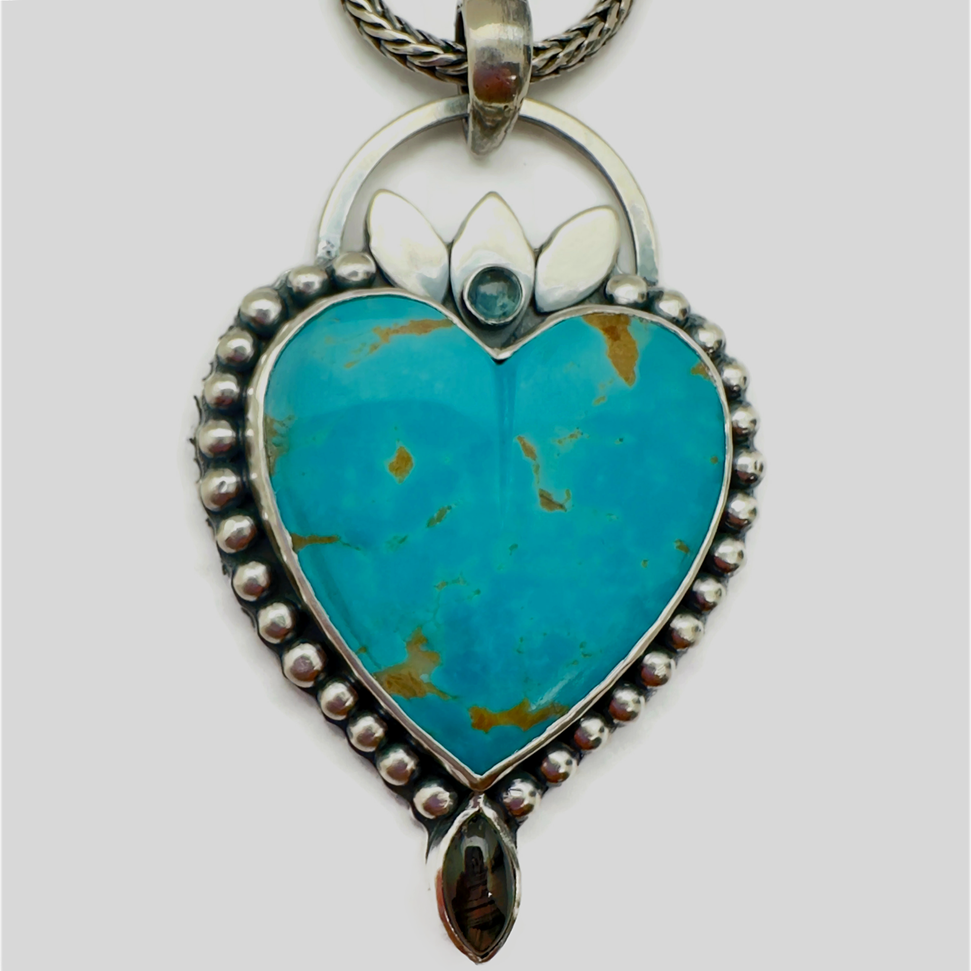 Kingman Turquoise Heart, Black Sapphire and Montana Blue Sapphire Necklace