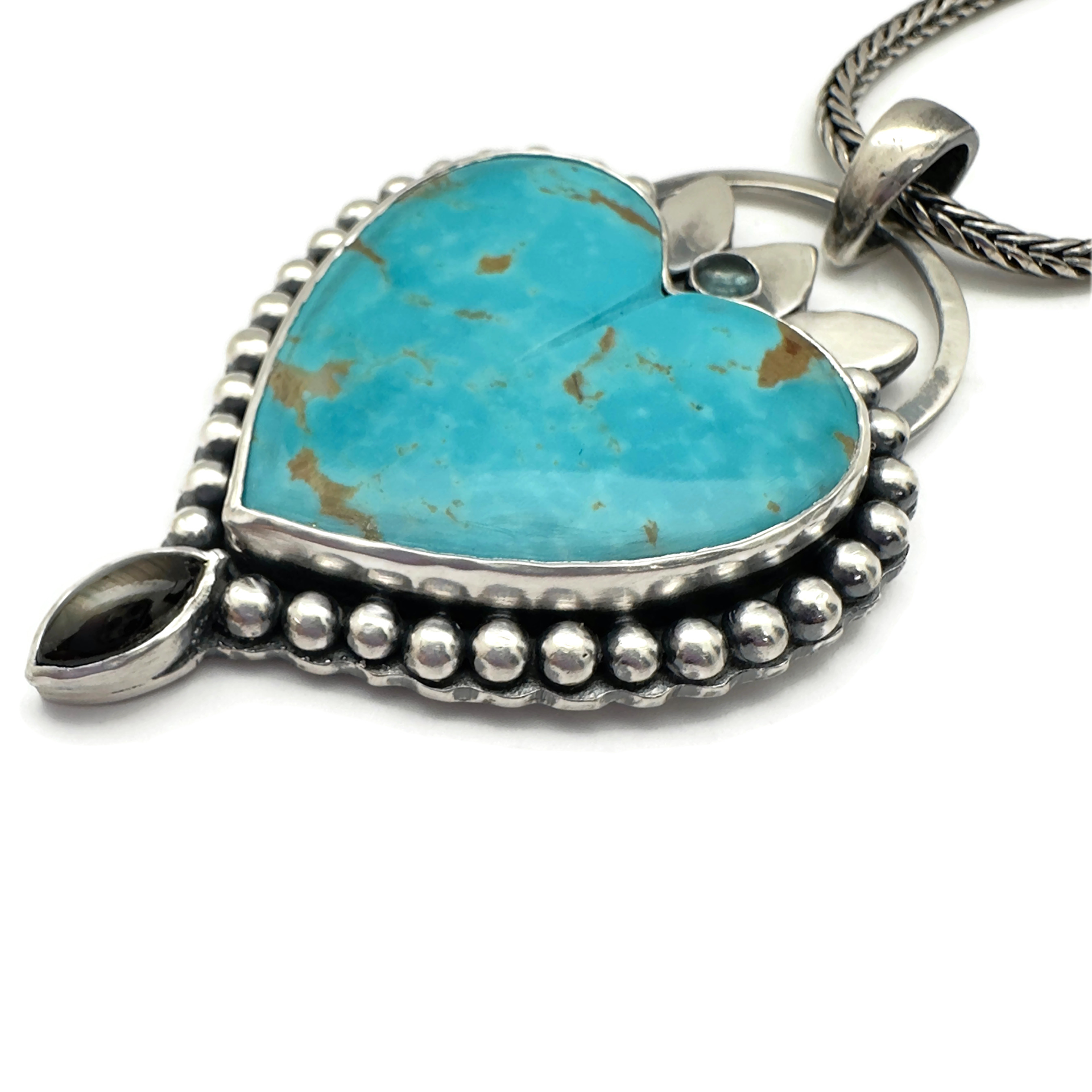 Kingman Turquoise Heart, Black Sapphire and Montana Blue Sapphire Necklace